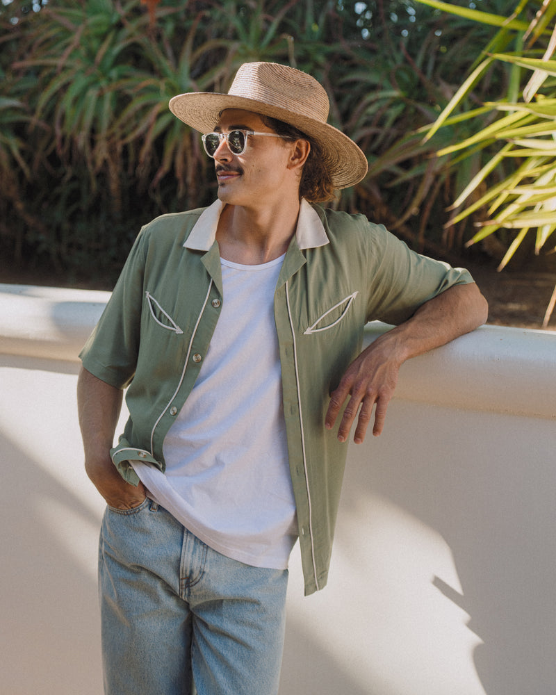 Hemlock male model wearing the Madero Fedora Straw Hat in Toast