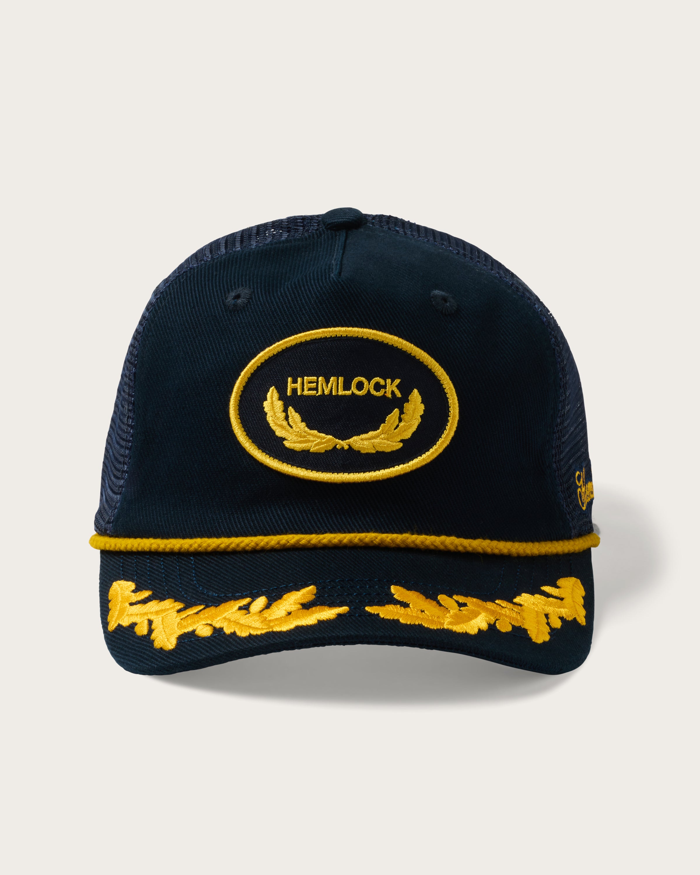 Hemlock Captain Trucker Hat in Navy close up