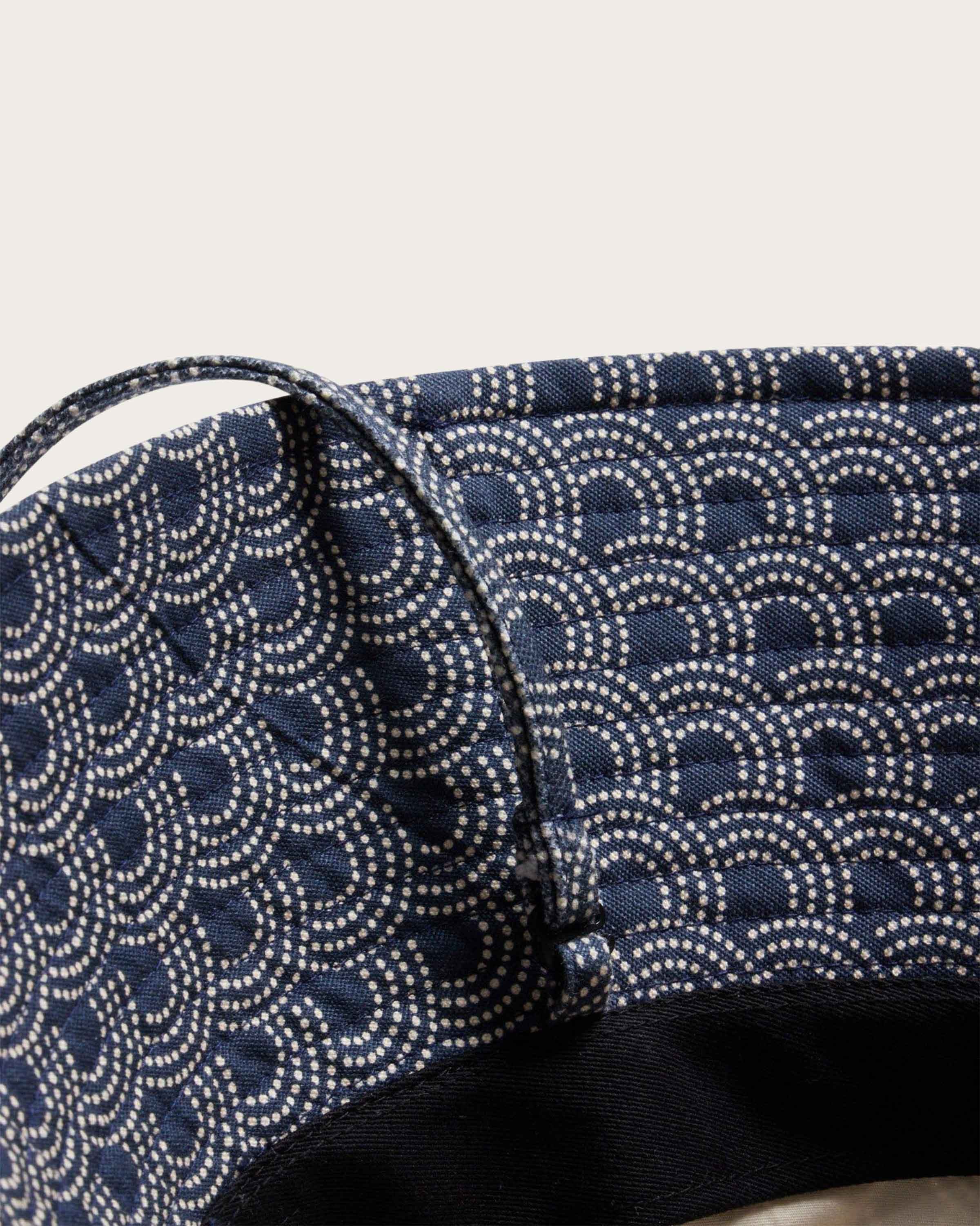 Hemlock Bali Oversized Cotton Bucket Hat in Indigo Waves removable drawstring