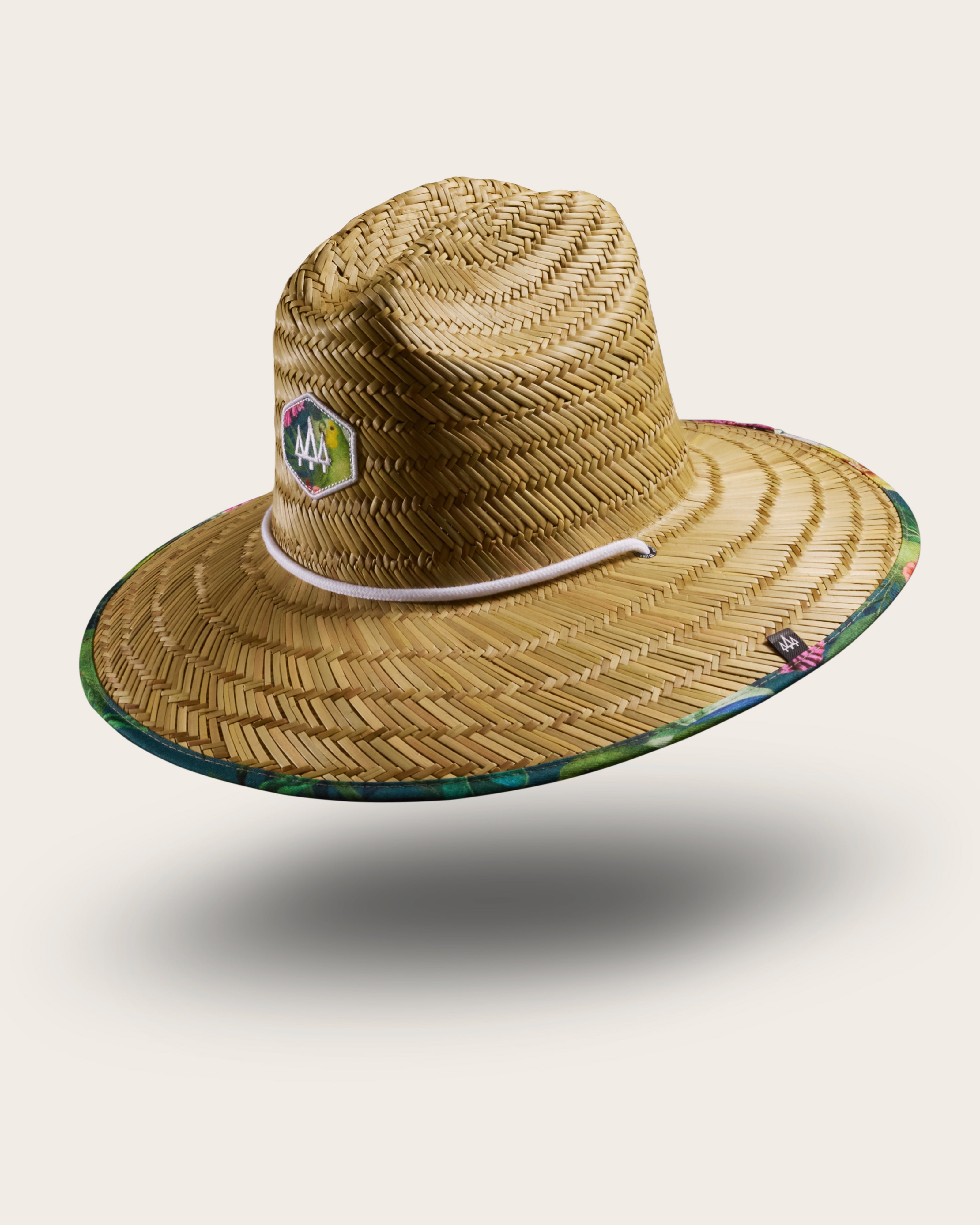 Hemlock Caicos straw lifeguard hat with Green Parrot pattern with patch