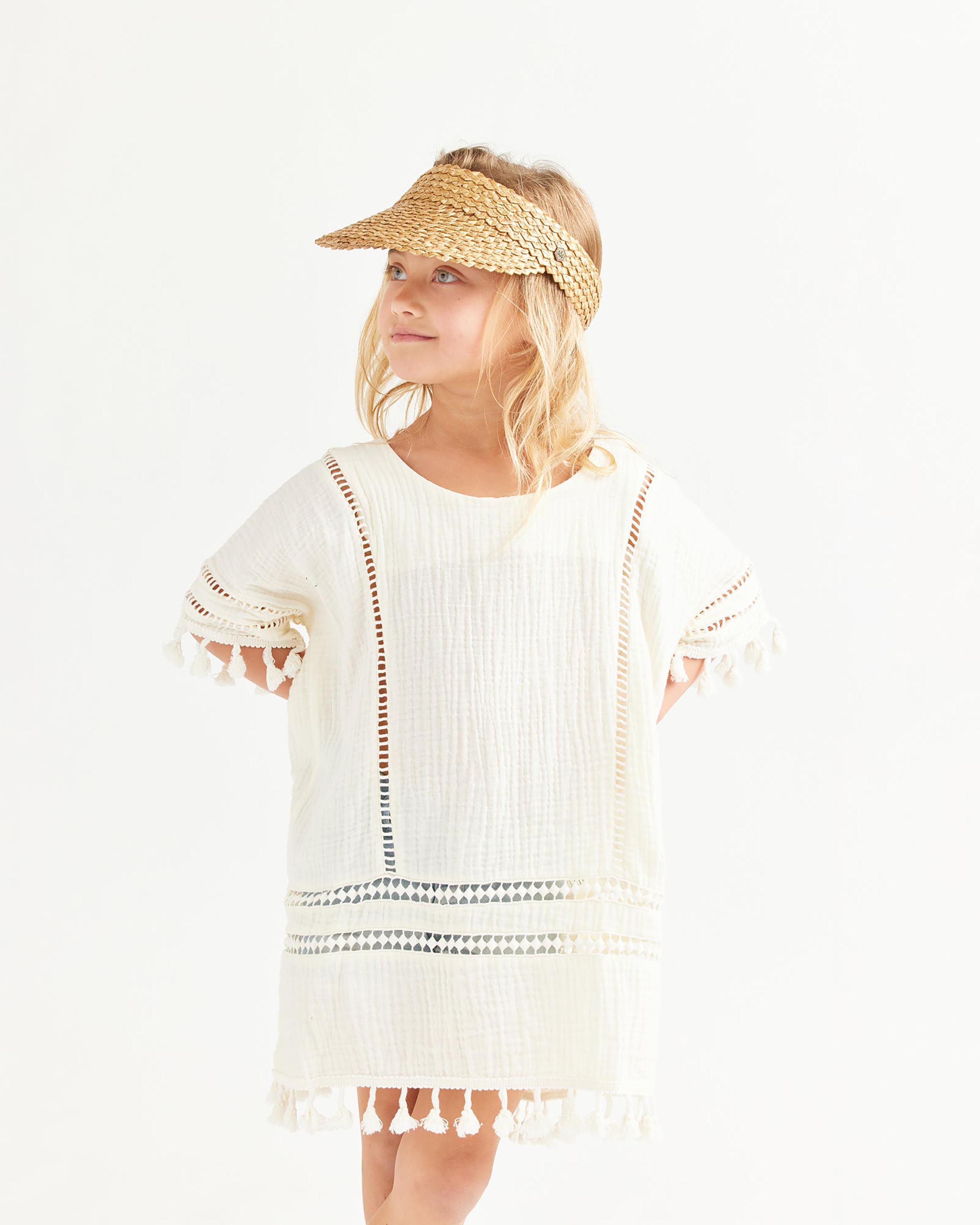 Hemlock Big Girl model wearing Big Kids Capri Straw Visor in Honeycomb