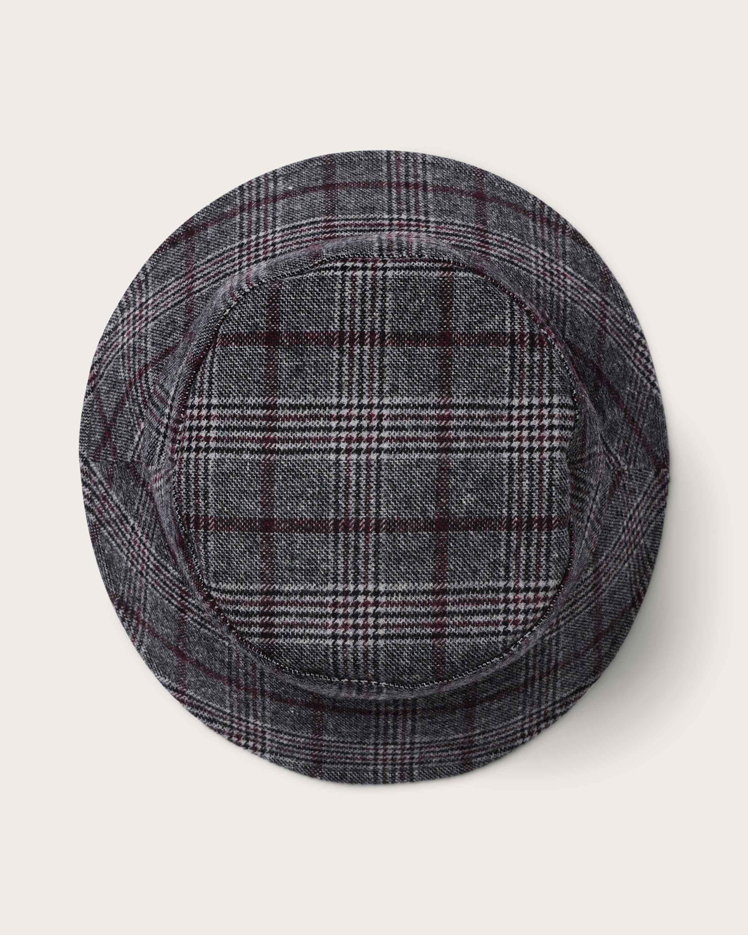 Hemlock Gable Wool Bucket Hat in Grey and Burgundy top of hat