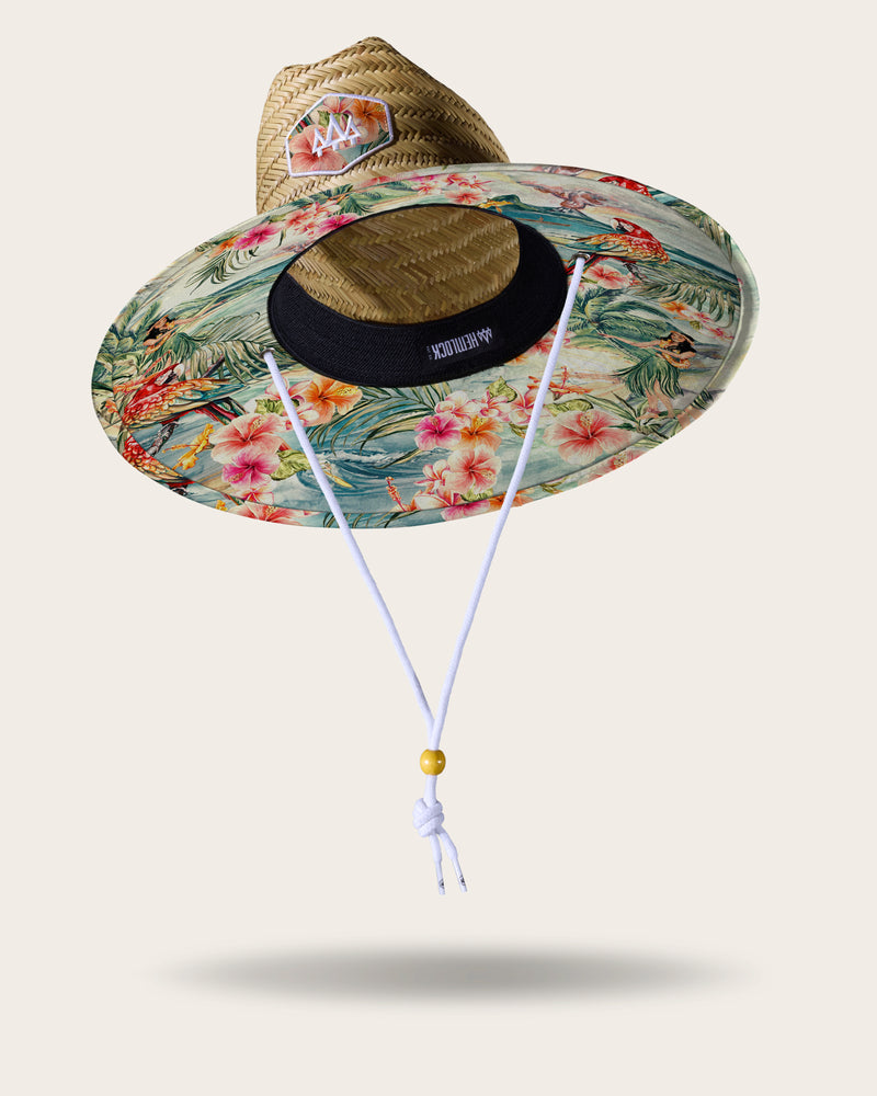 Hemlock Hanalei straw lifeguard hat with hula pattern