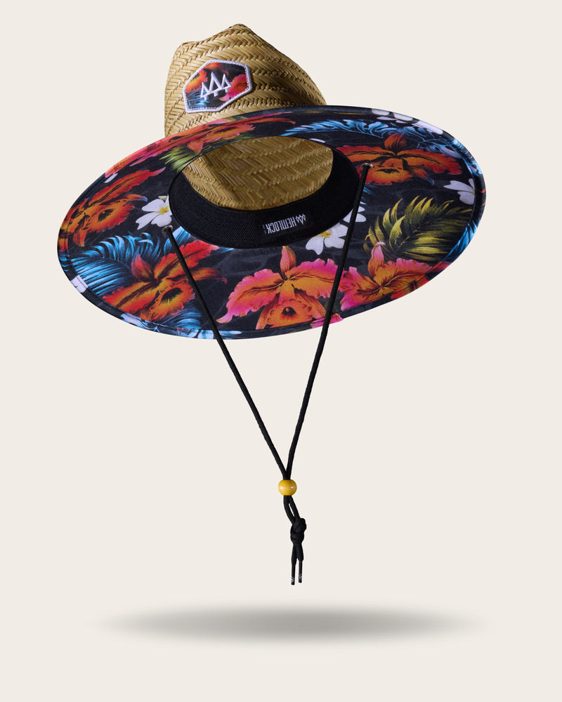 Hemlock Kailua straw lifeguard hat with hawaiian floral pattern