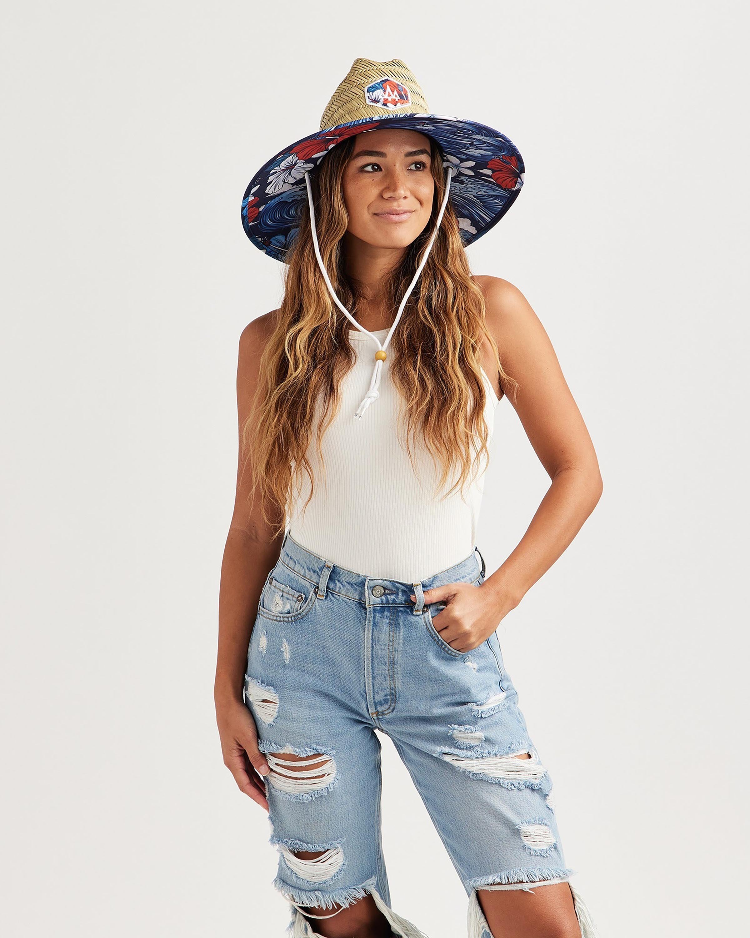 Midway Straw Lifeguard Hat | Red White & Blue Hibiscus Waves UPF