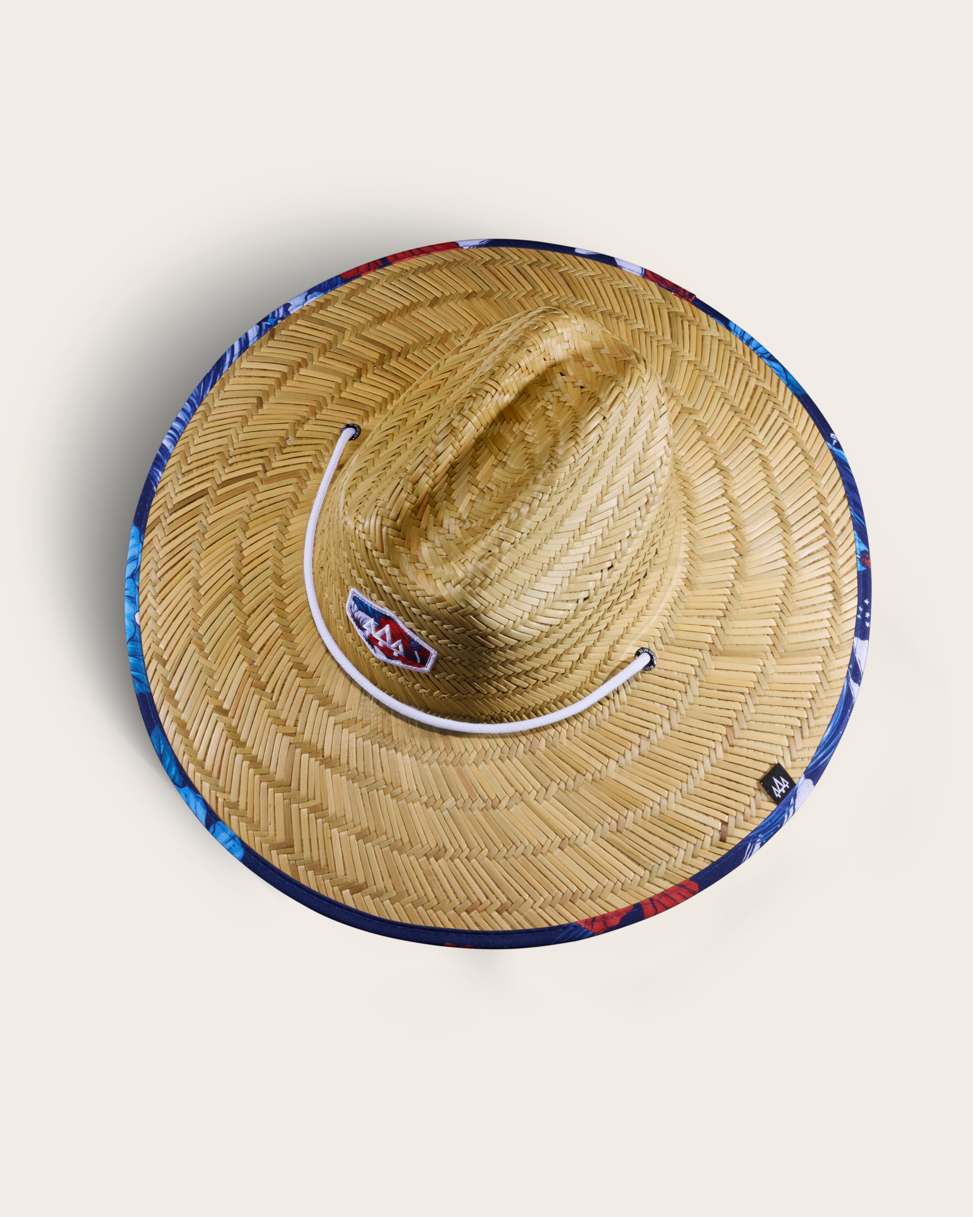 Hemlock Midway straw lifeguard hat with USA floral pattern top of hat