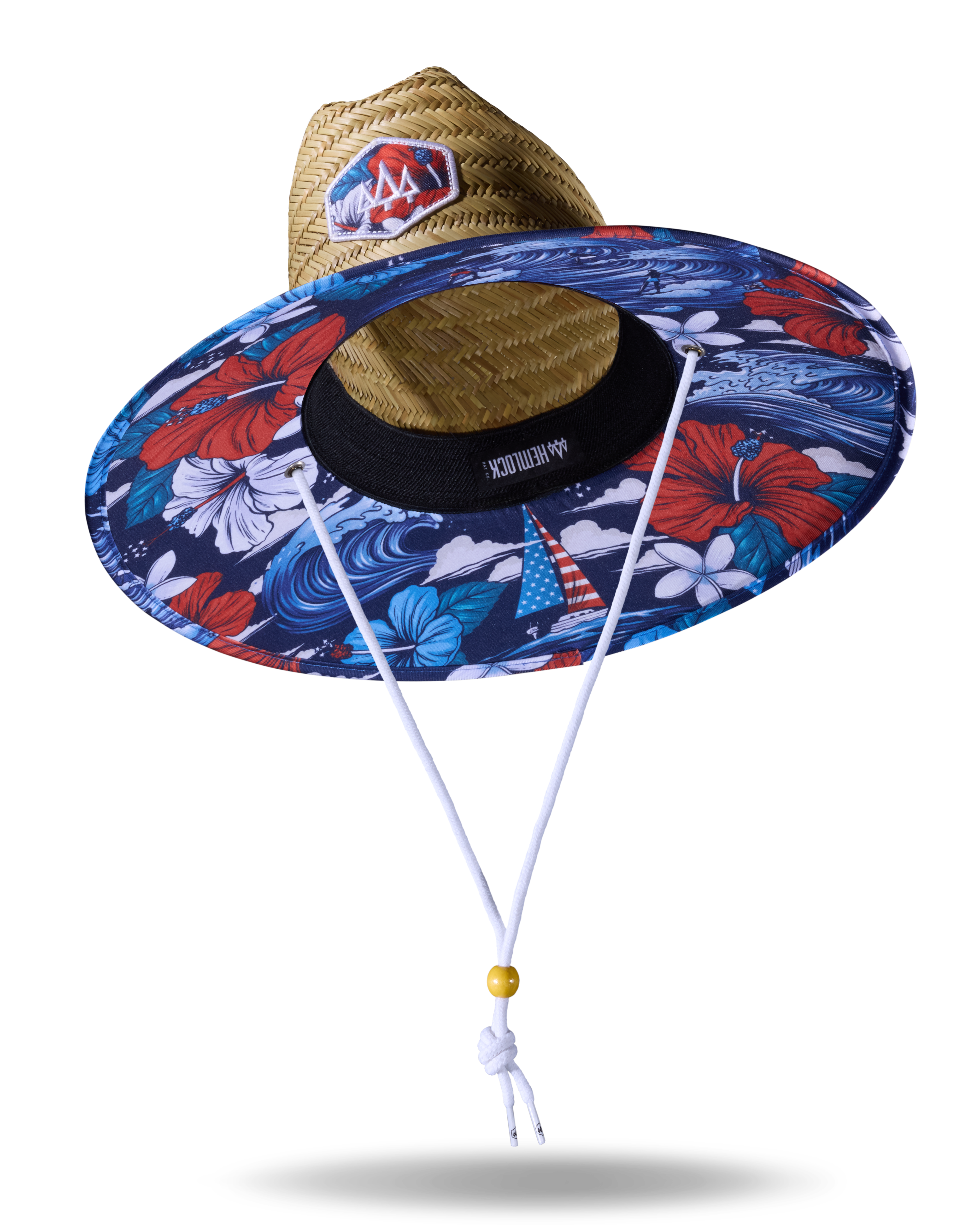 Midway Straw Lifeguard Hat | Red White & Blue Hibiscus Waves UPF Midway Straw Lifeguard Hat | Red White & Blue Hibiscus Waves UPF