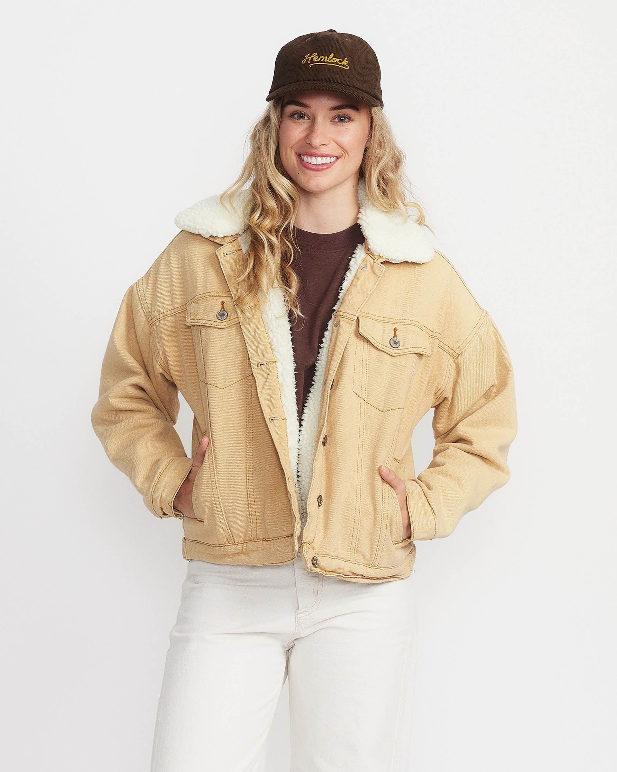 Hemlock female model looking straight wearing Hemlock Wesley Corduroy Baseball Hat in Mocha