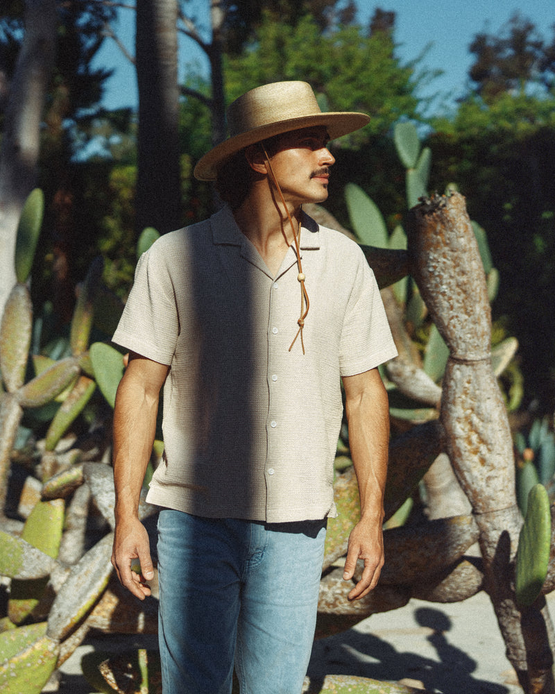 Hemlock male model wearing the Morro Fedora Straw Hat in Natural