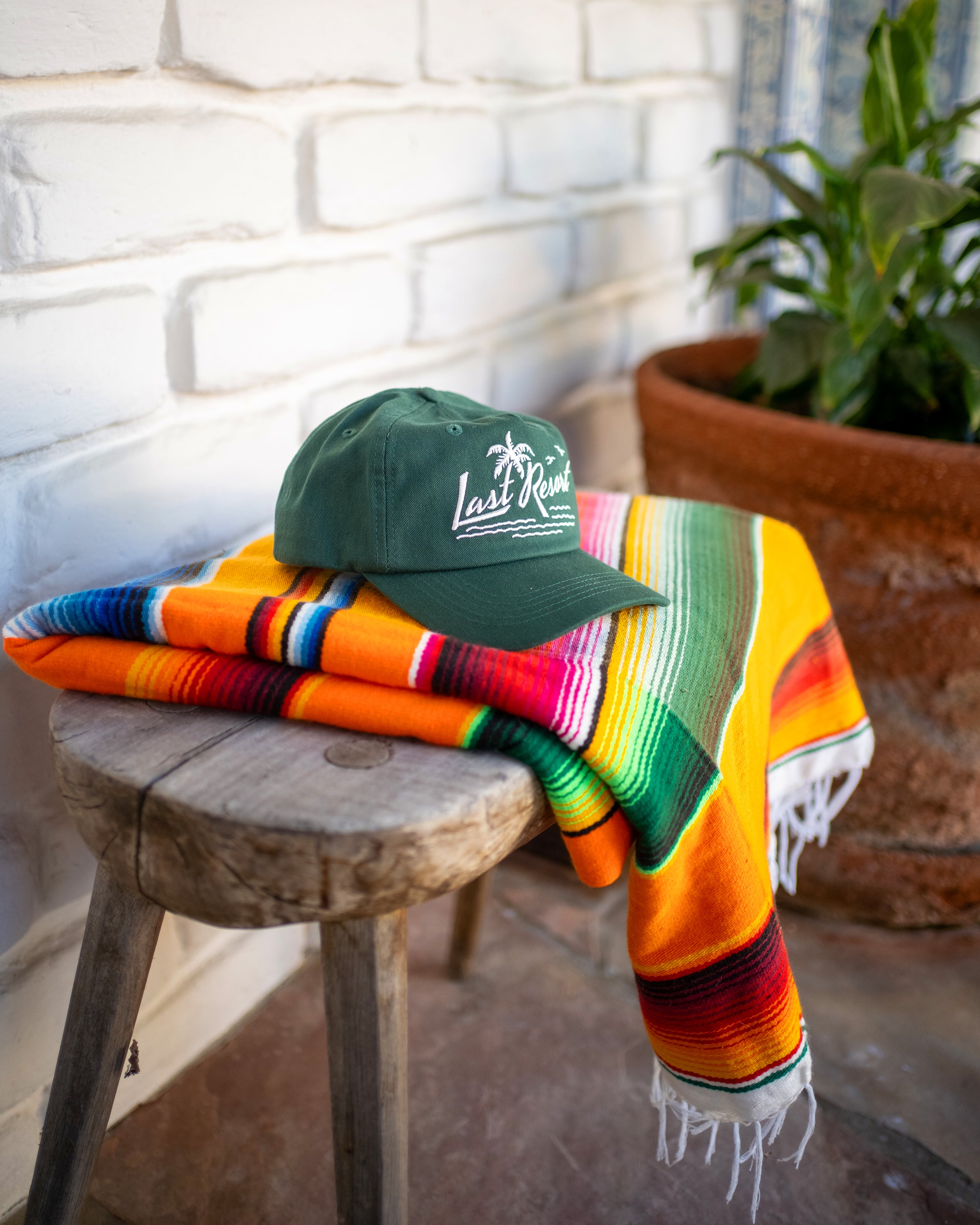 Hemlock Last Resort Baseball Hat in Green on bench