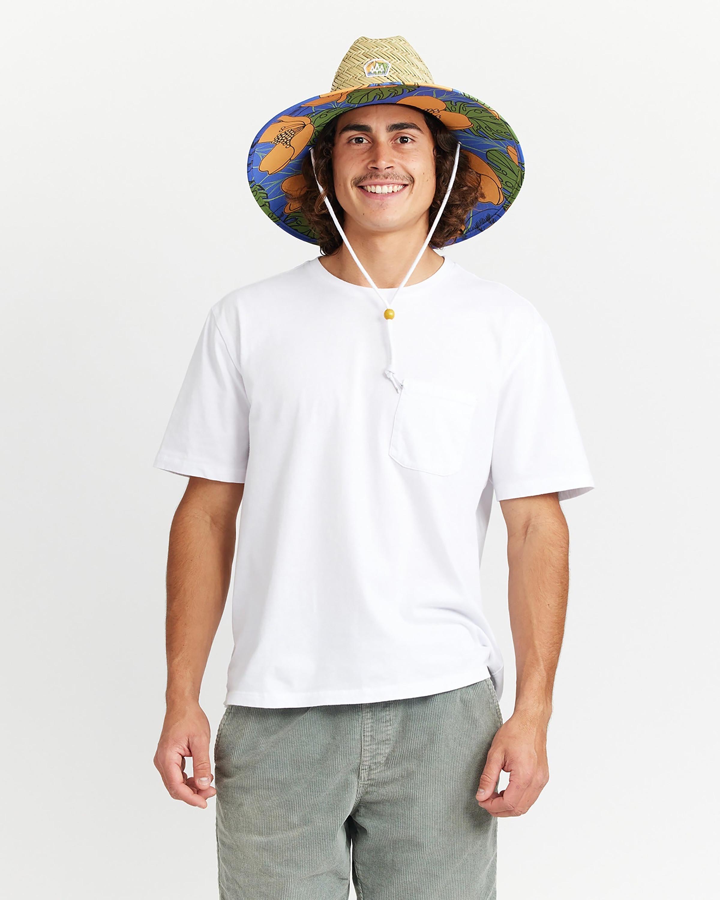 Hemlock male model looking straight wearing Andy Straw Lifeguard Hat with Poppy Floral pattern