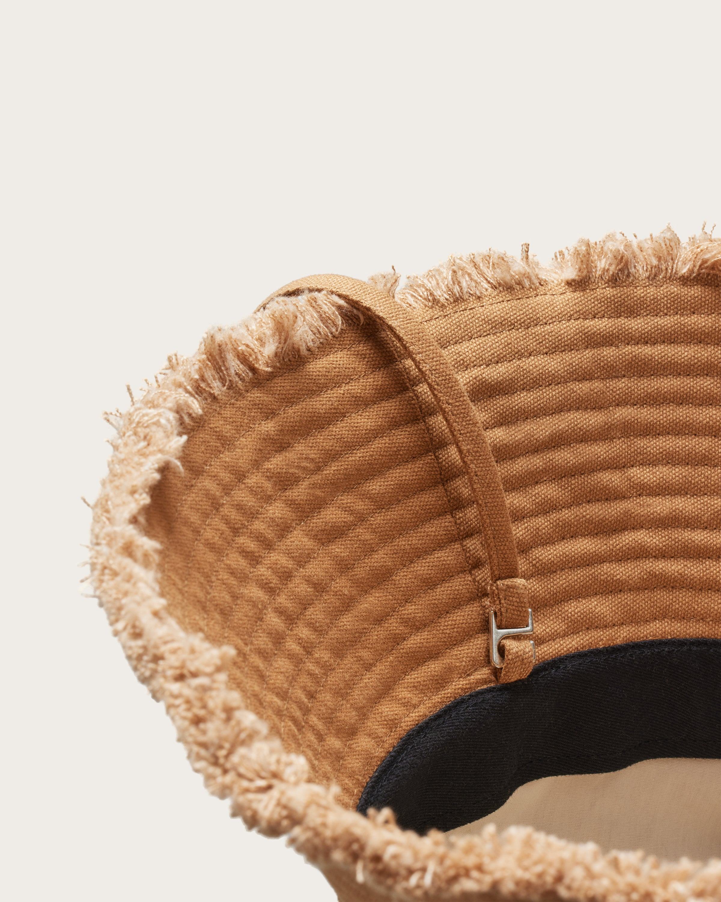 Hemlock Bali Oversized Cotton Bucket Hat in Camel removable drawstring