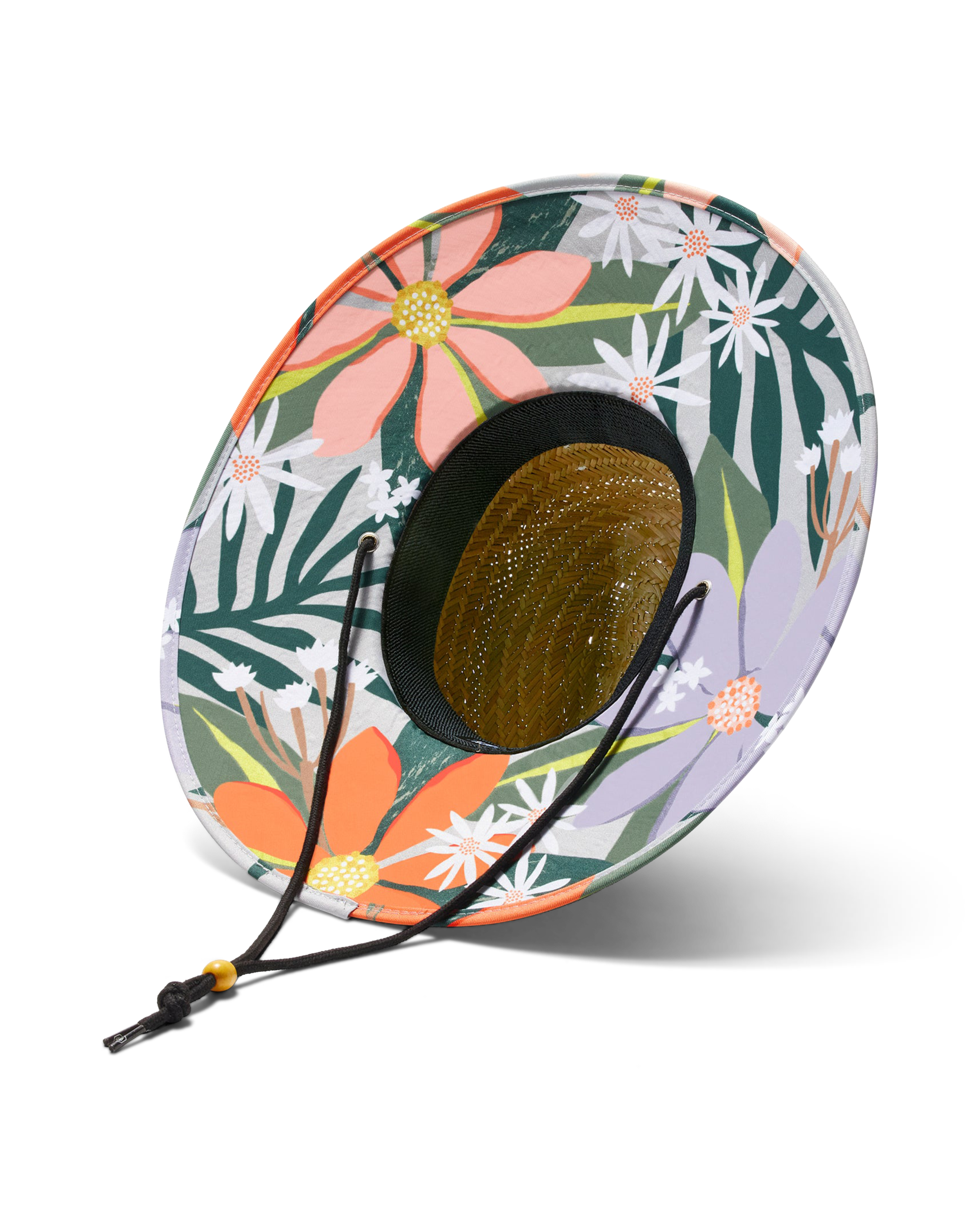 Floral-patterned sun hat with a chin strap on a white background