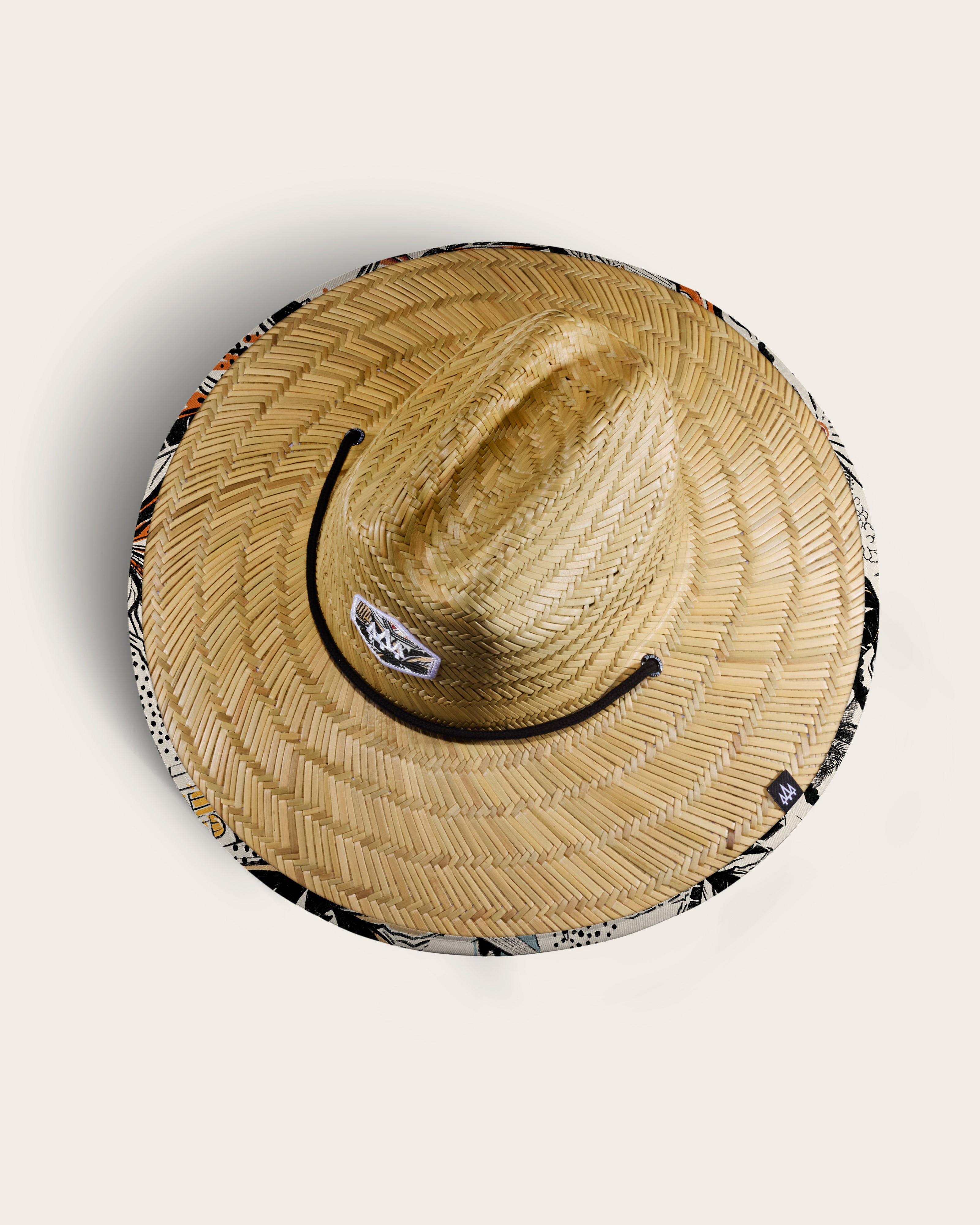 Hemlock Bari Straw Lifeguard Hat with Coastal Villa pattern top of hat