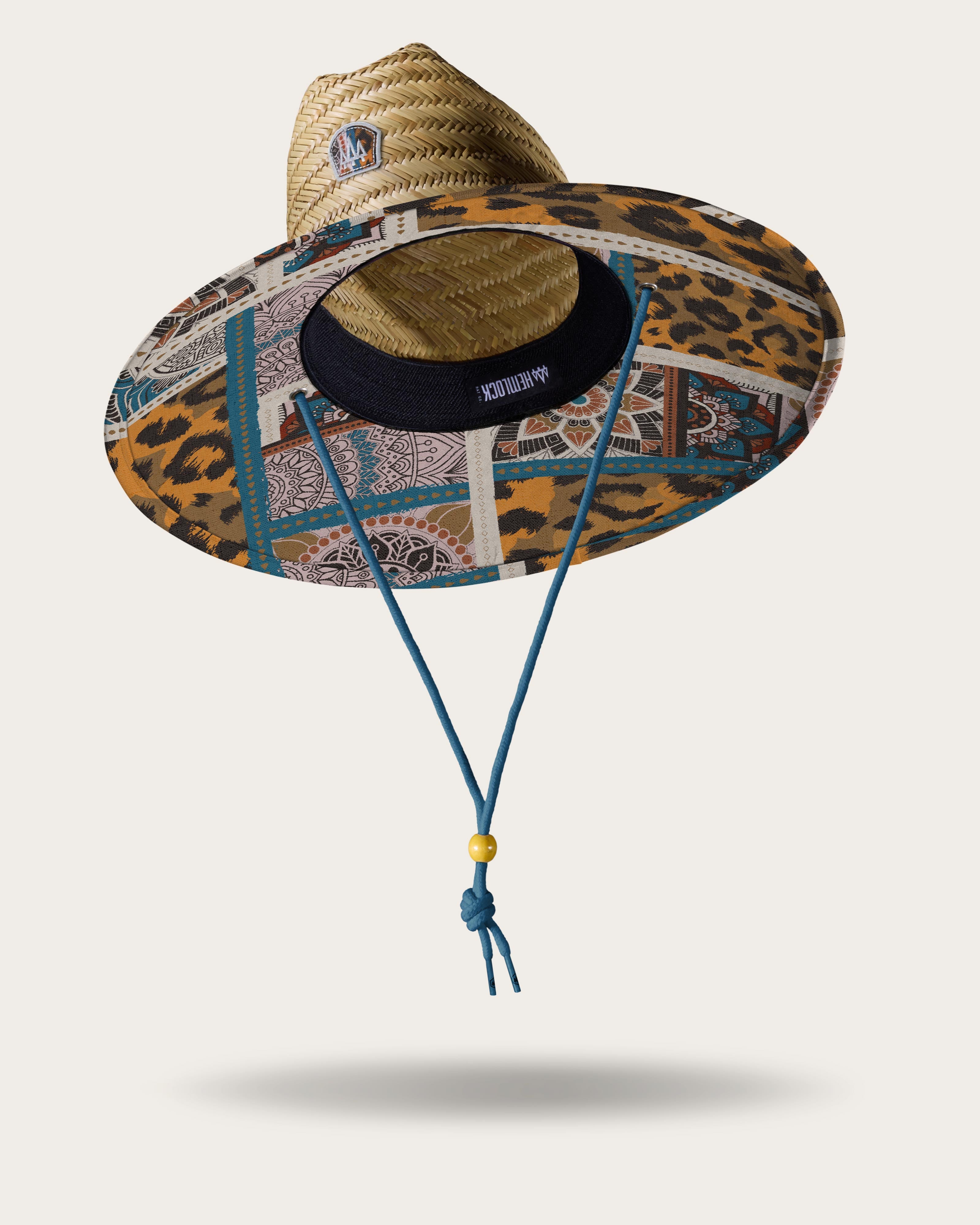 Hemlock Bazaar straw lifeguard hat with cheetah mosaic pattern