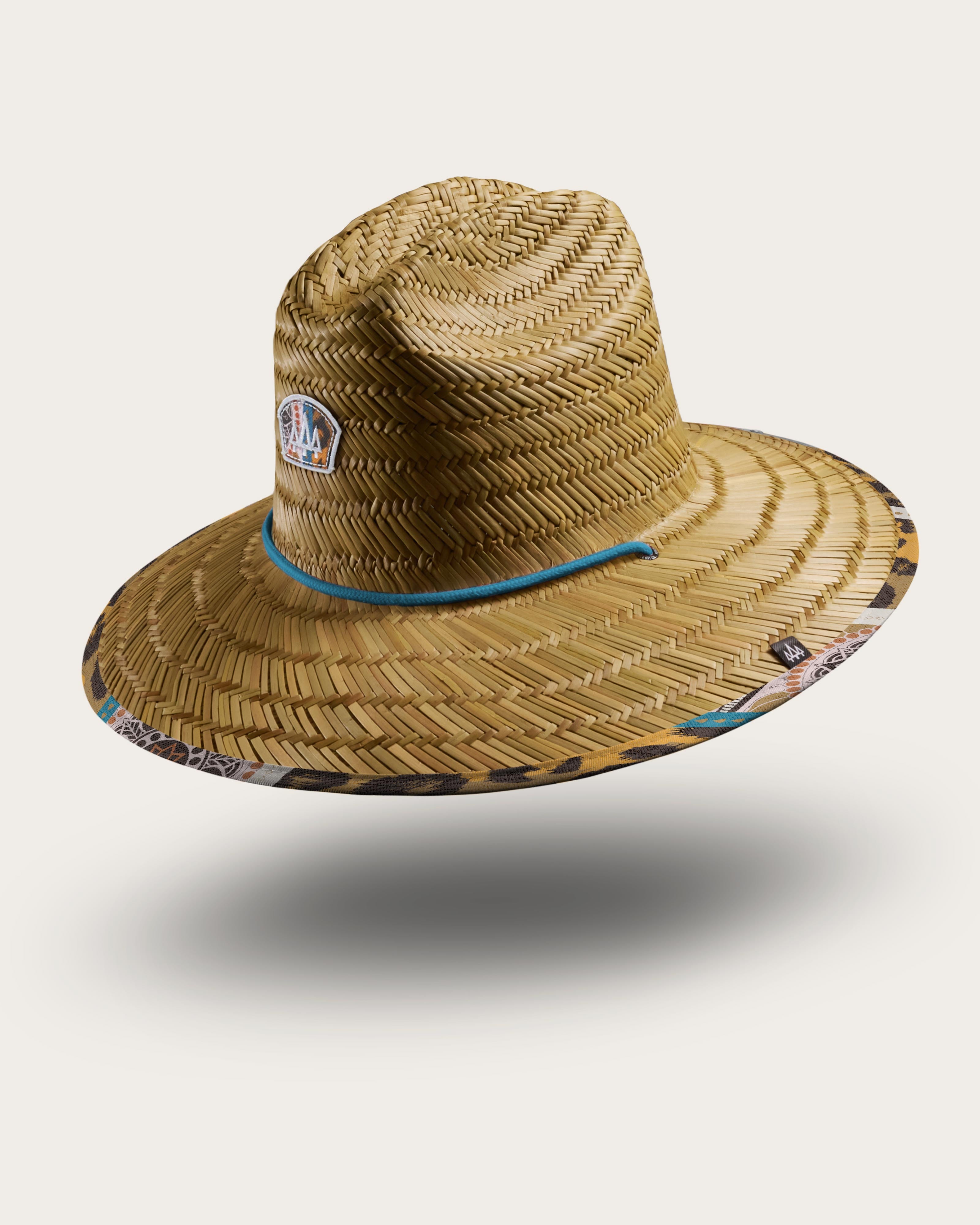Hemlock Bazaar straw lifeguard hat with cheetah mosaic pattern with patch