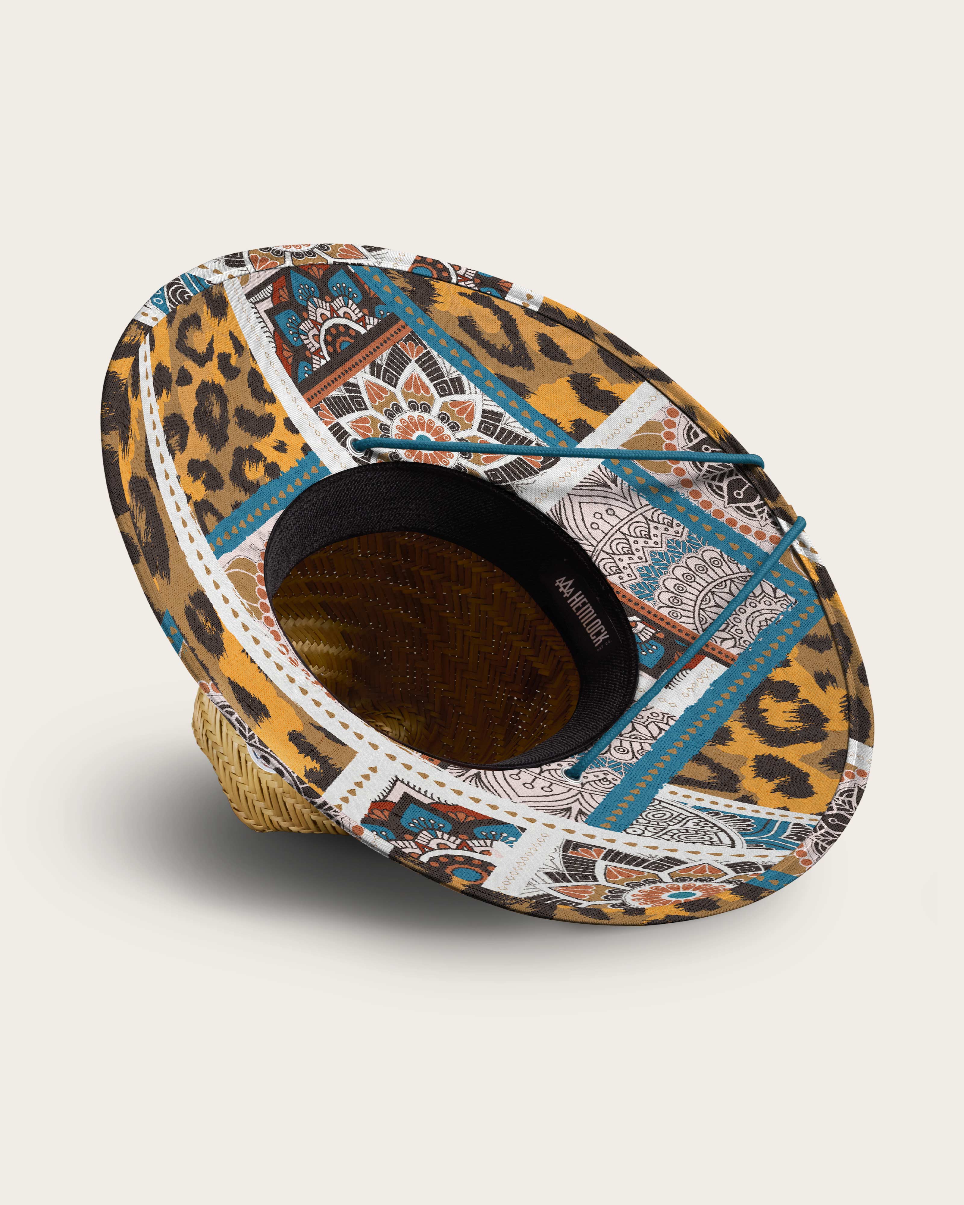 Hemlock Bazaar straw lifeguard hat with cheetah mosaic pattern detailed view