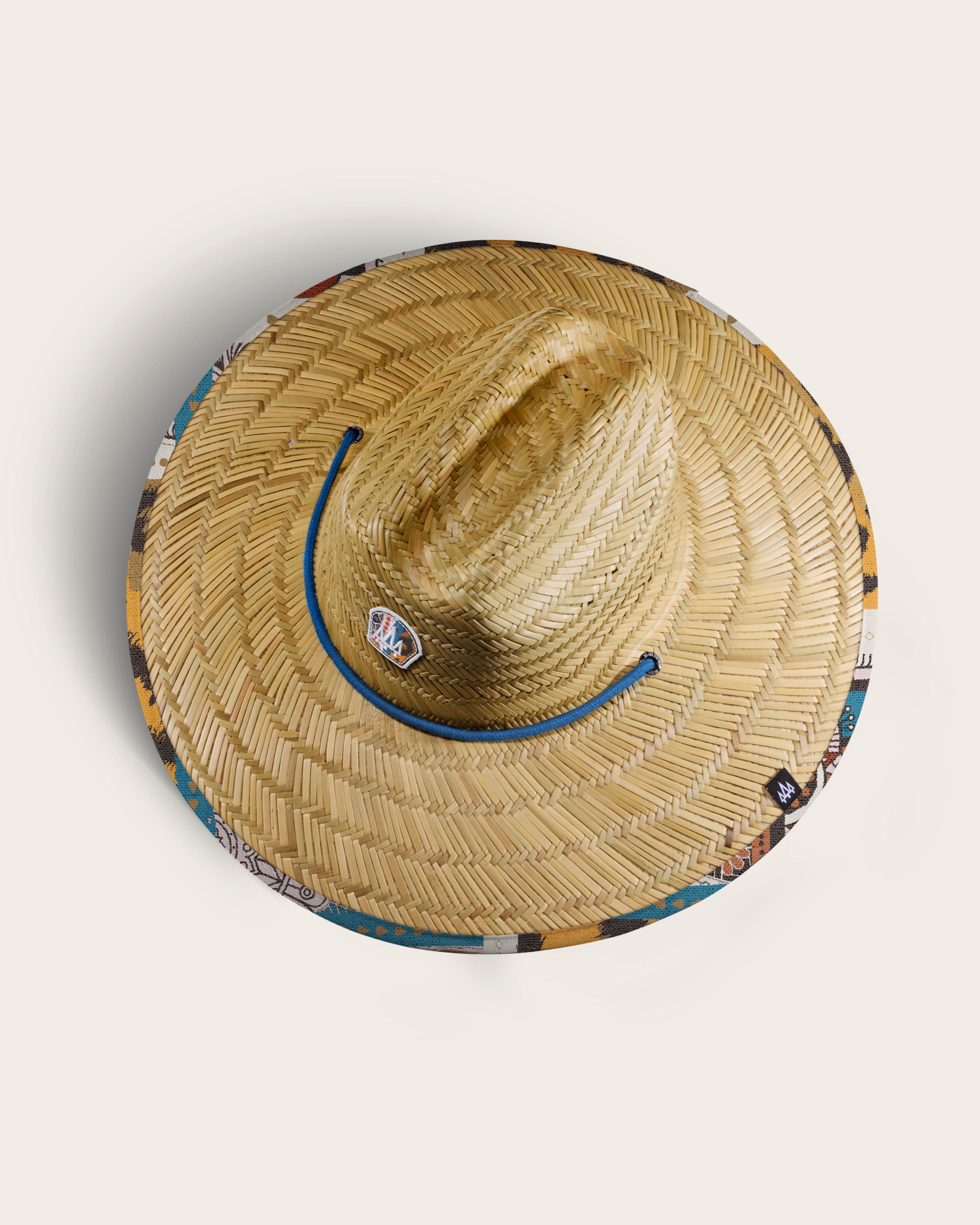 Hemlock Bazaar straw lifeguard hat with cheetah mosaic pattern top of hat
