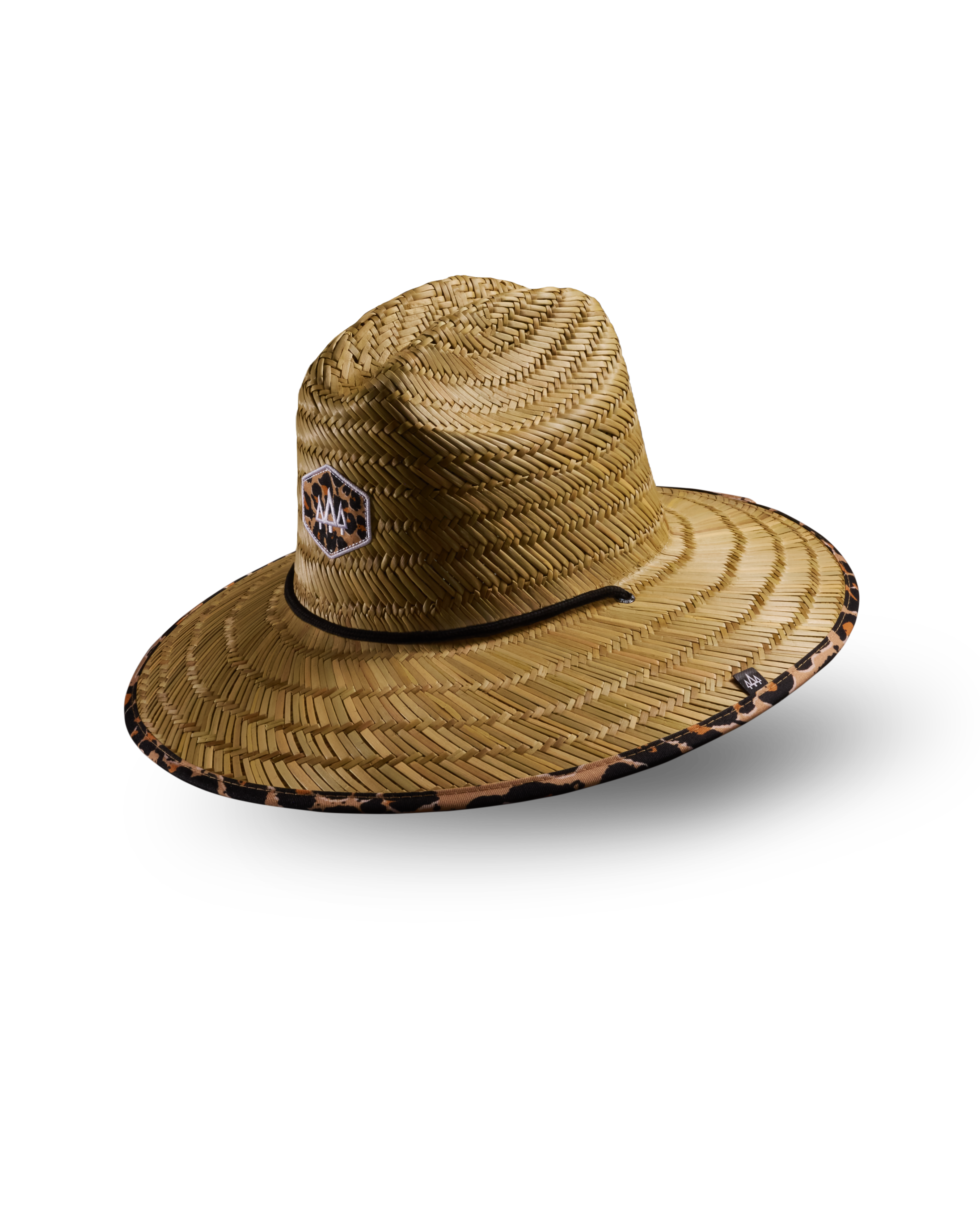 Hemlock Big Cat Straw Lifeguard Hat with Classic Leopard pattern with patch side view