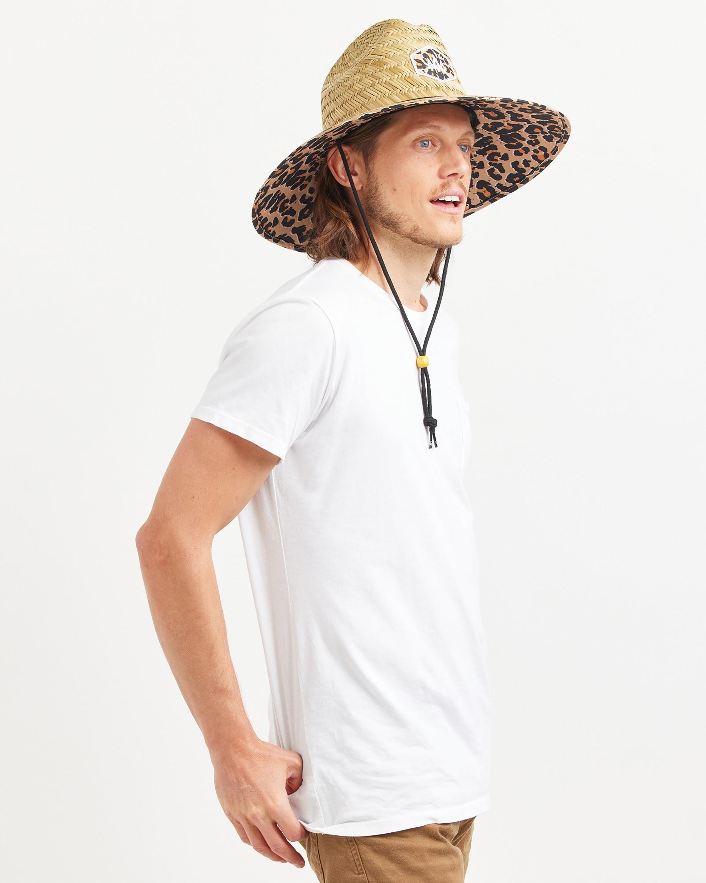 Hemlock male model looking right wearing Big Cat straw lifeguard hat with Classic Leopard pattern
