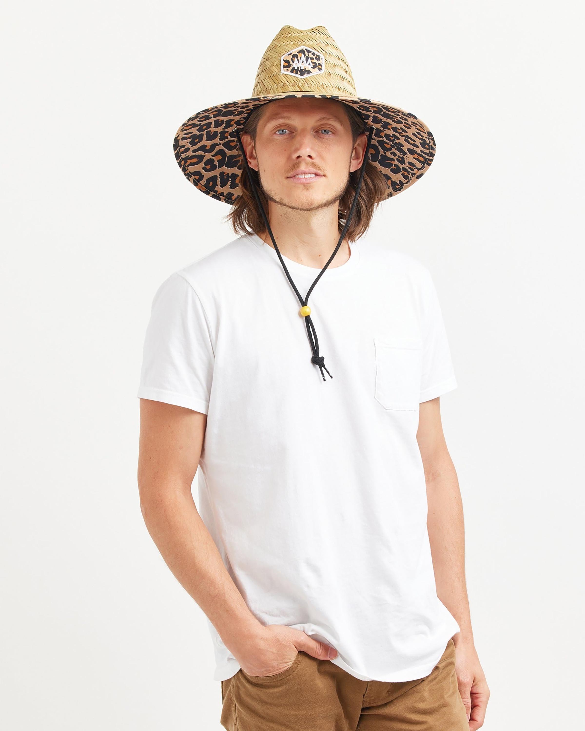 Hemlock male model looking straight wearing Big Cat straw lifeguard hat with Classic Leopard pattern