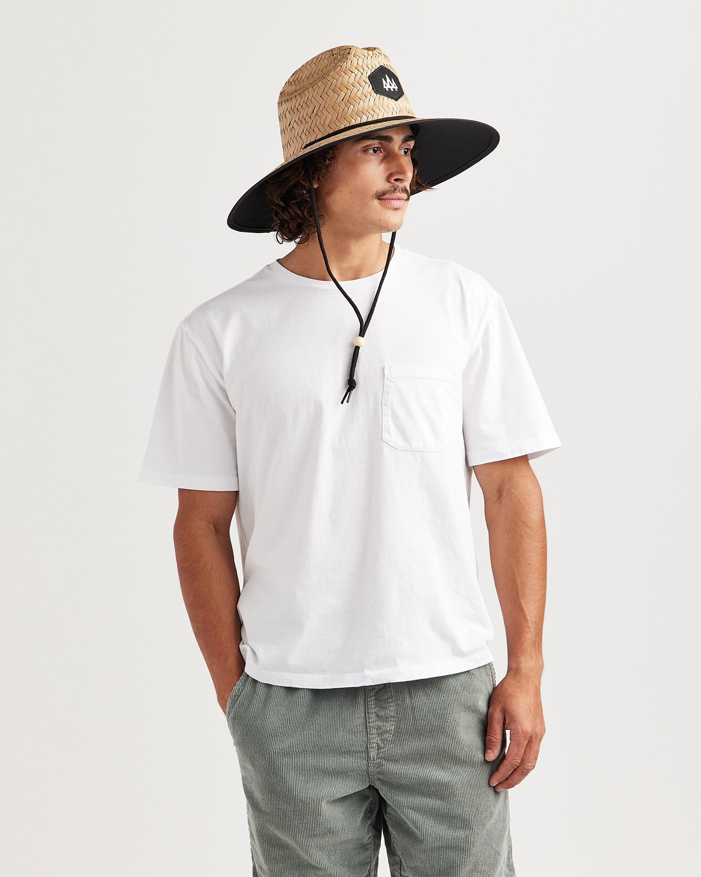 Hemlock male model looking right wearing Blackout straw lifeguard hat with Black color