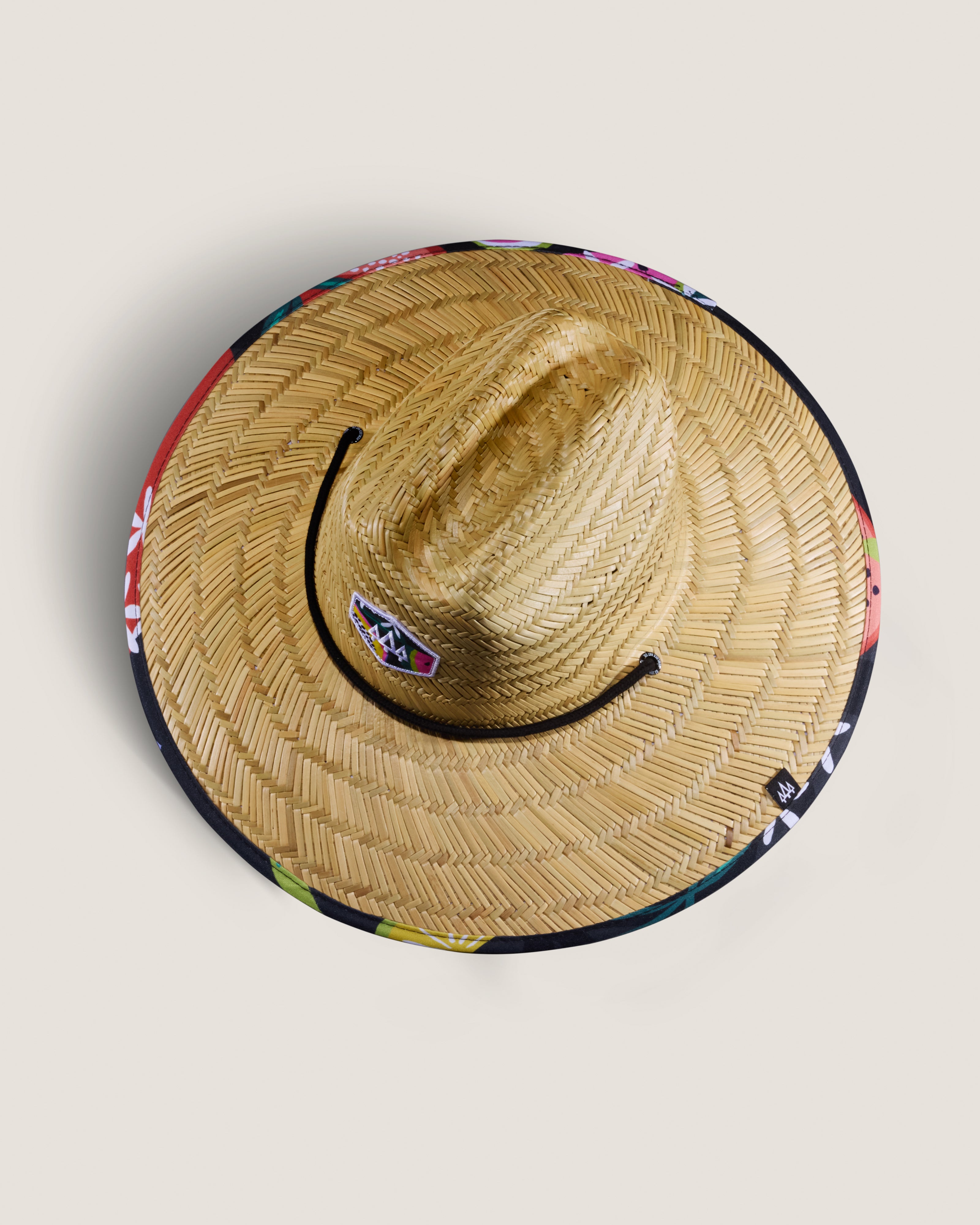 Hemlock Blend straw lifeguard hat with fruit pattern top of hat