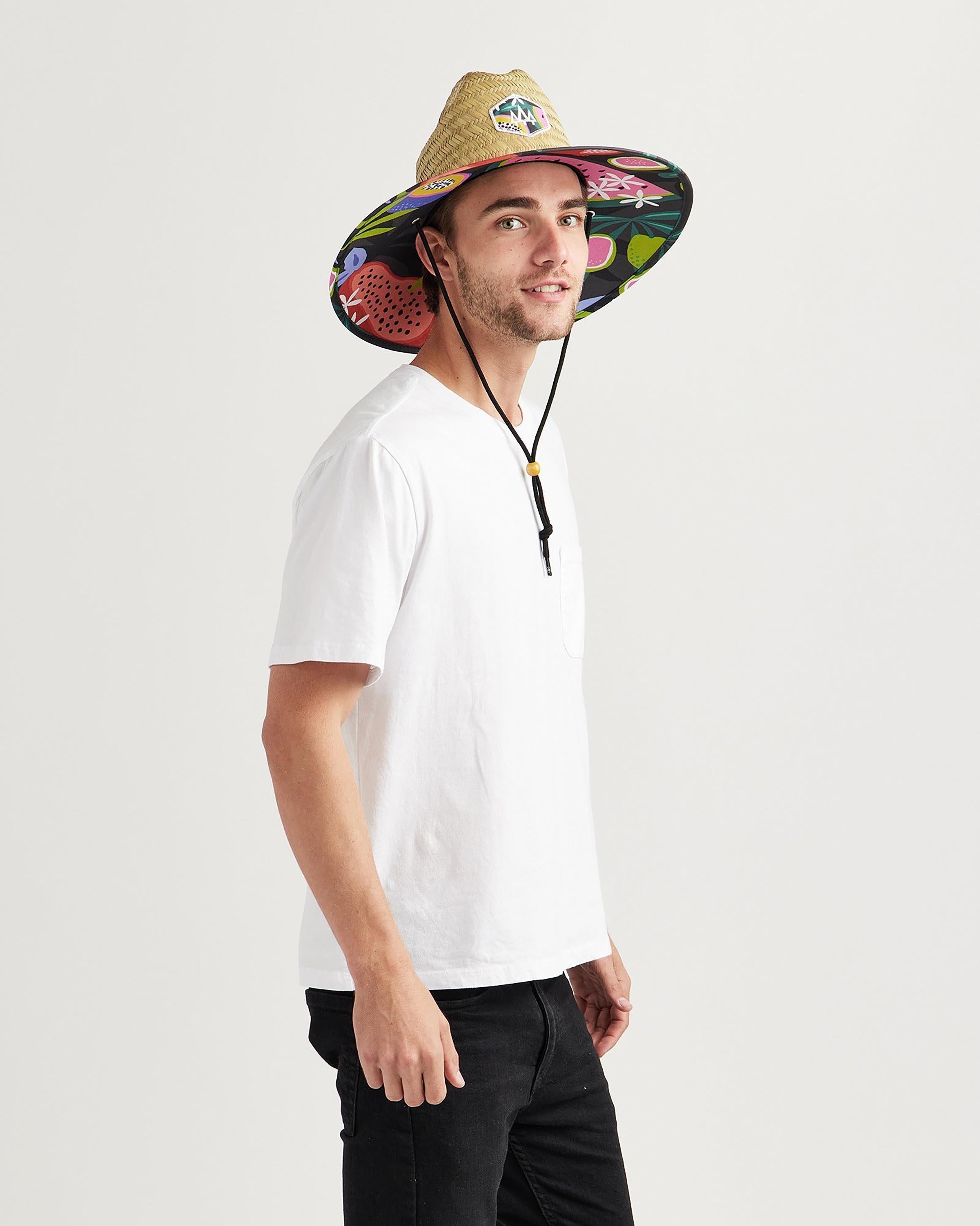 Hemlock male model looking straight wearing Blend straw lifeguard hat with Fruit pattern