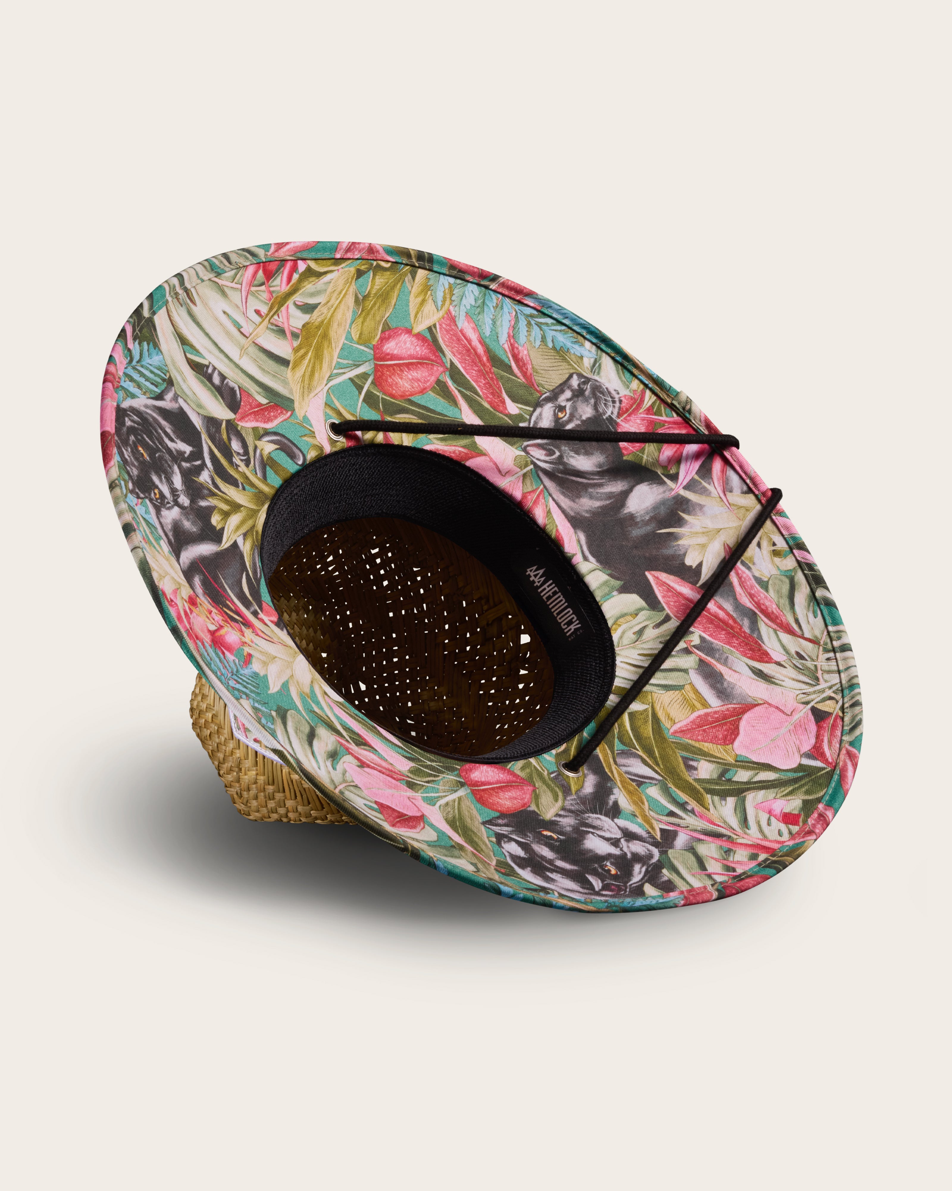 Hemlock Bombay straw lifeguard hat with panther pattern detailed view