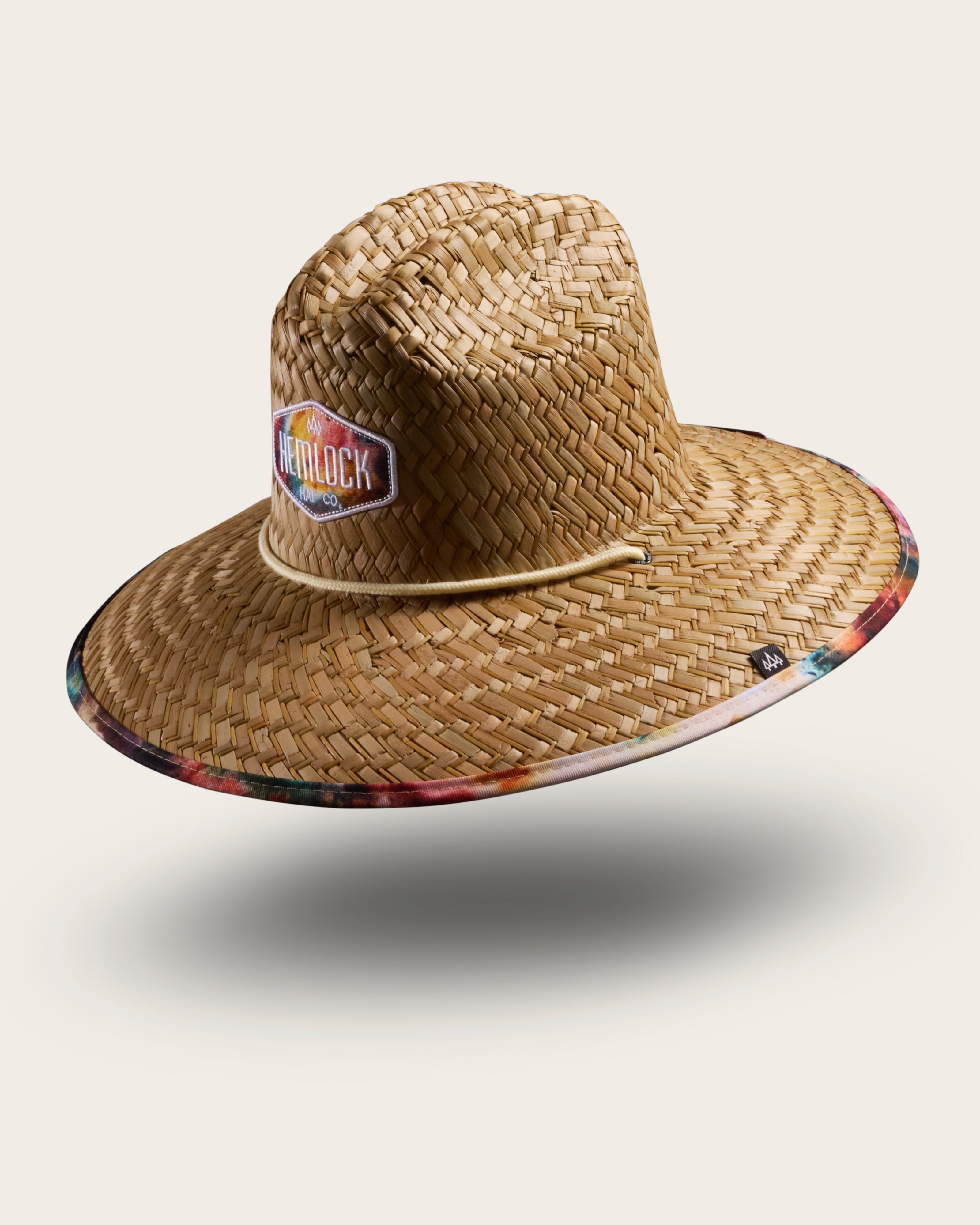 Hemlock Bowie straw lifeguard hat with Tie Dye pattern with patch