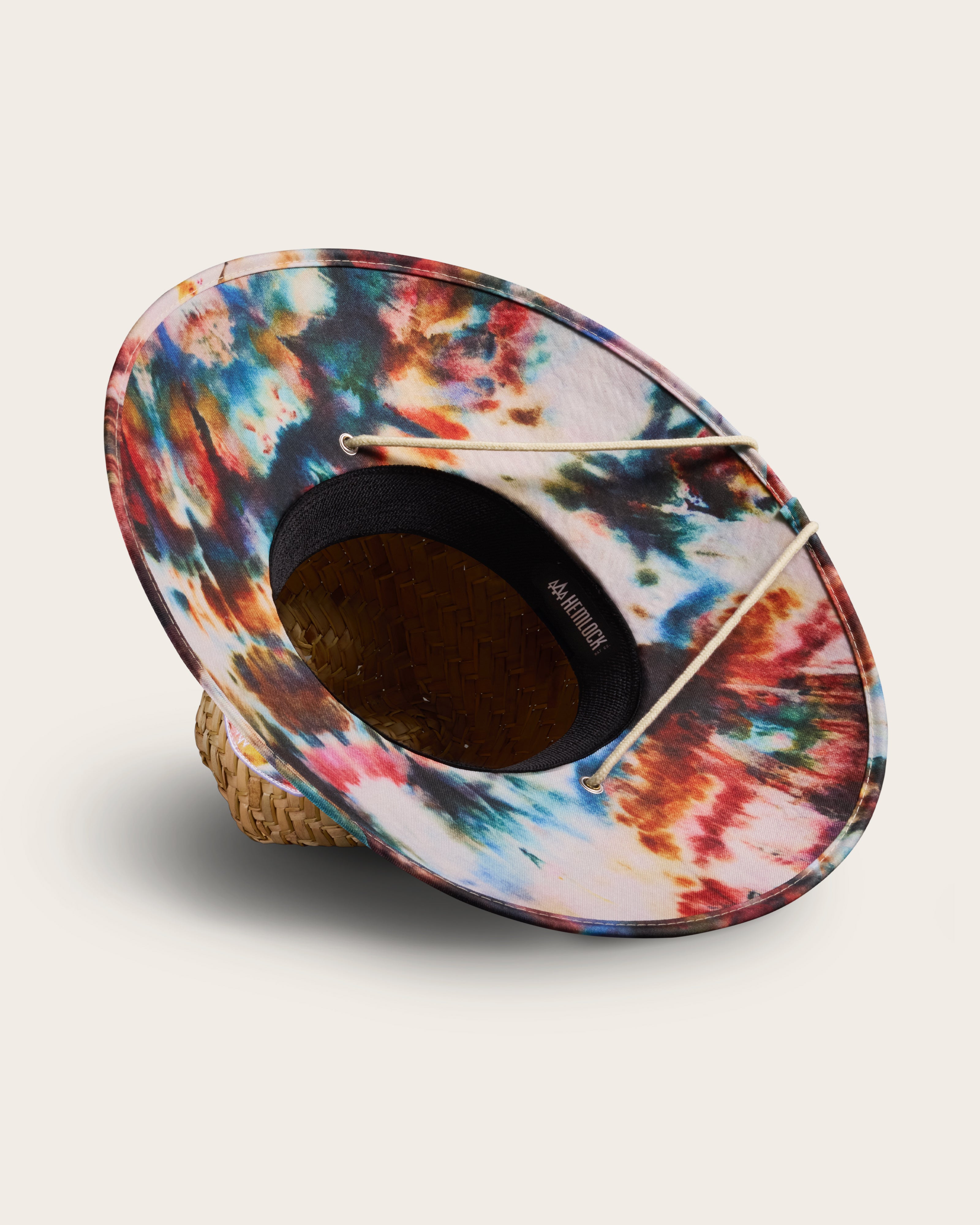 Hemlock Bowie straw lifeguard hat with Tie Dye pattern detailed view