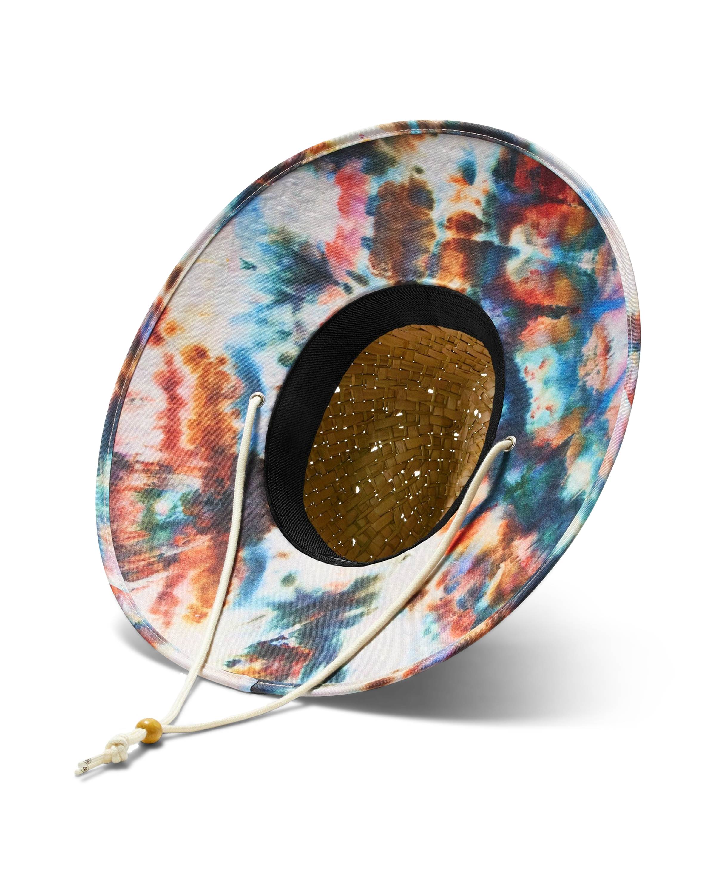 Hemlock Blend straw lifeguard hat with tie dye pattern detailed view. 