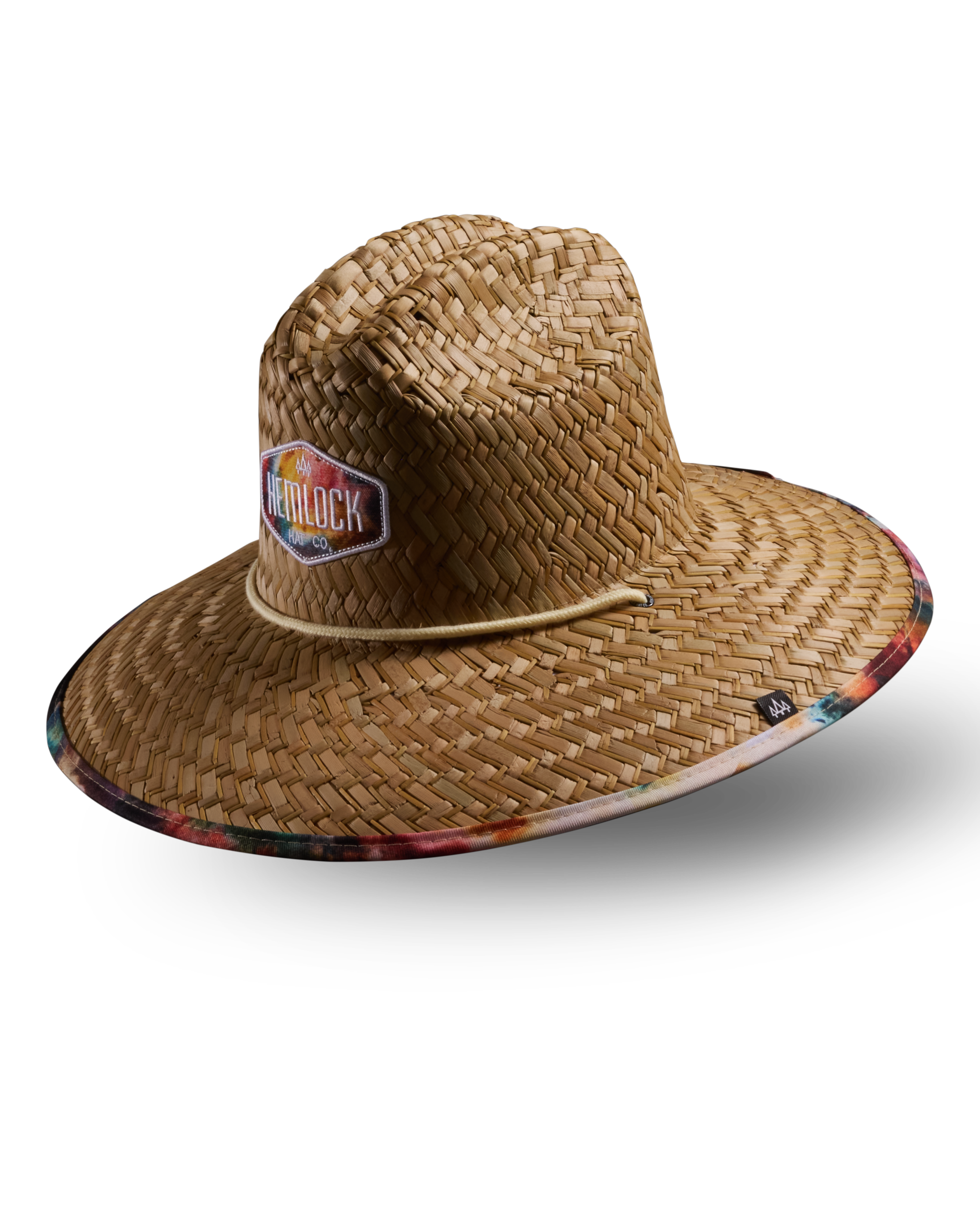 Hemlock Bowie straw lifeguard hat with tie dye pattern with patch.