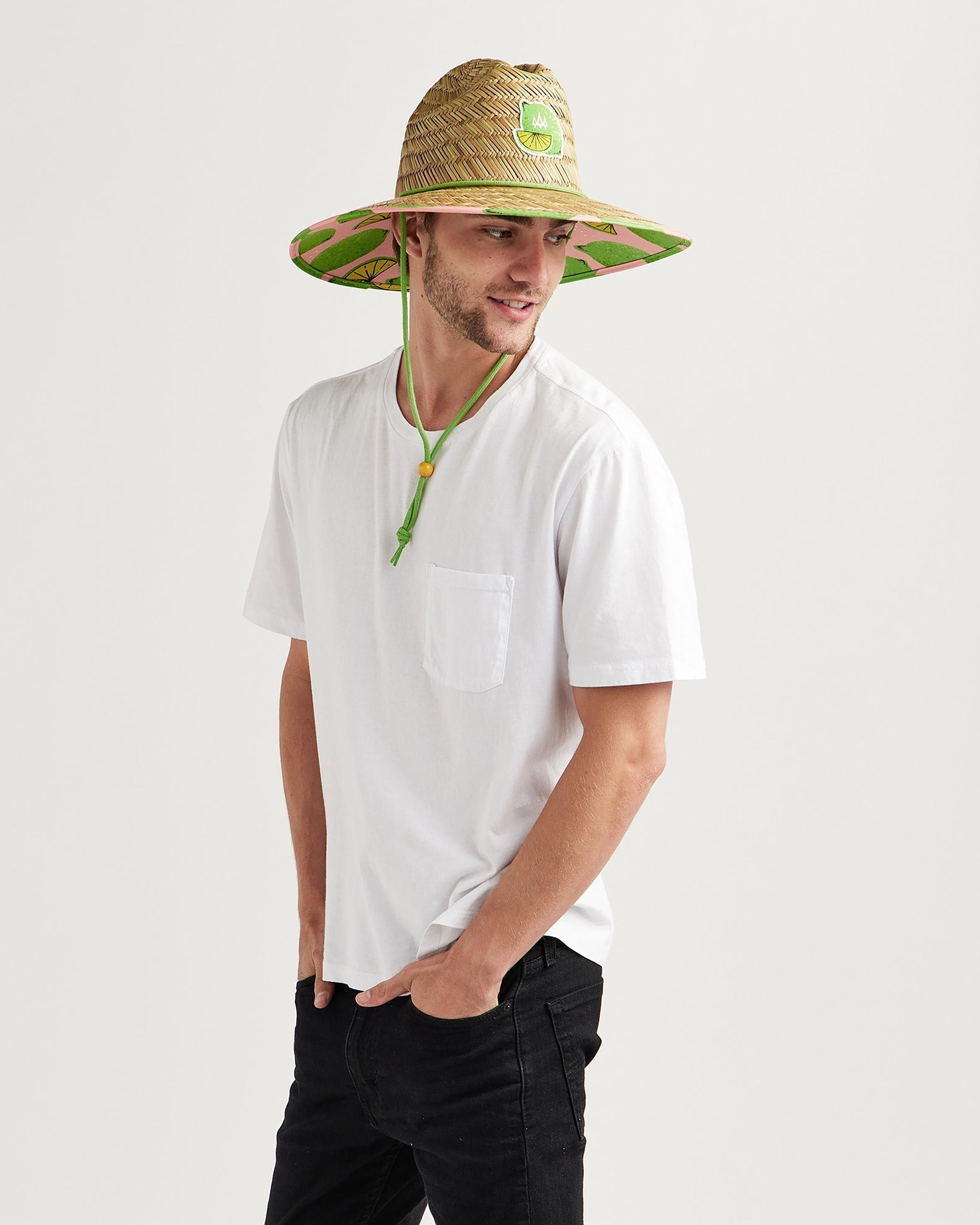 Hemlock male model looking right wearing Cadillac straw lifeguard hat with lime pattern