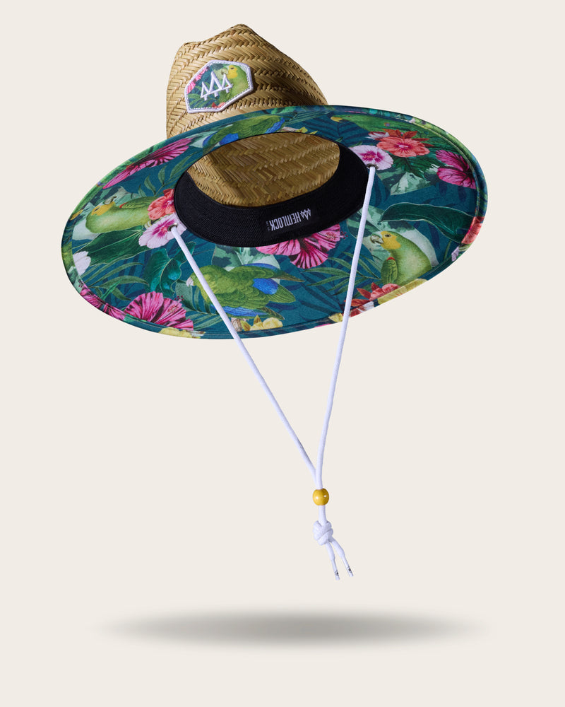  Hemlock Caicos straw lifeguard hat with Green Parrot pattern