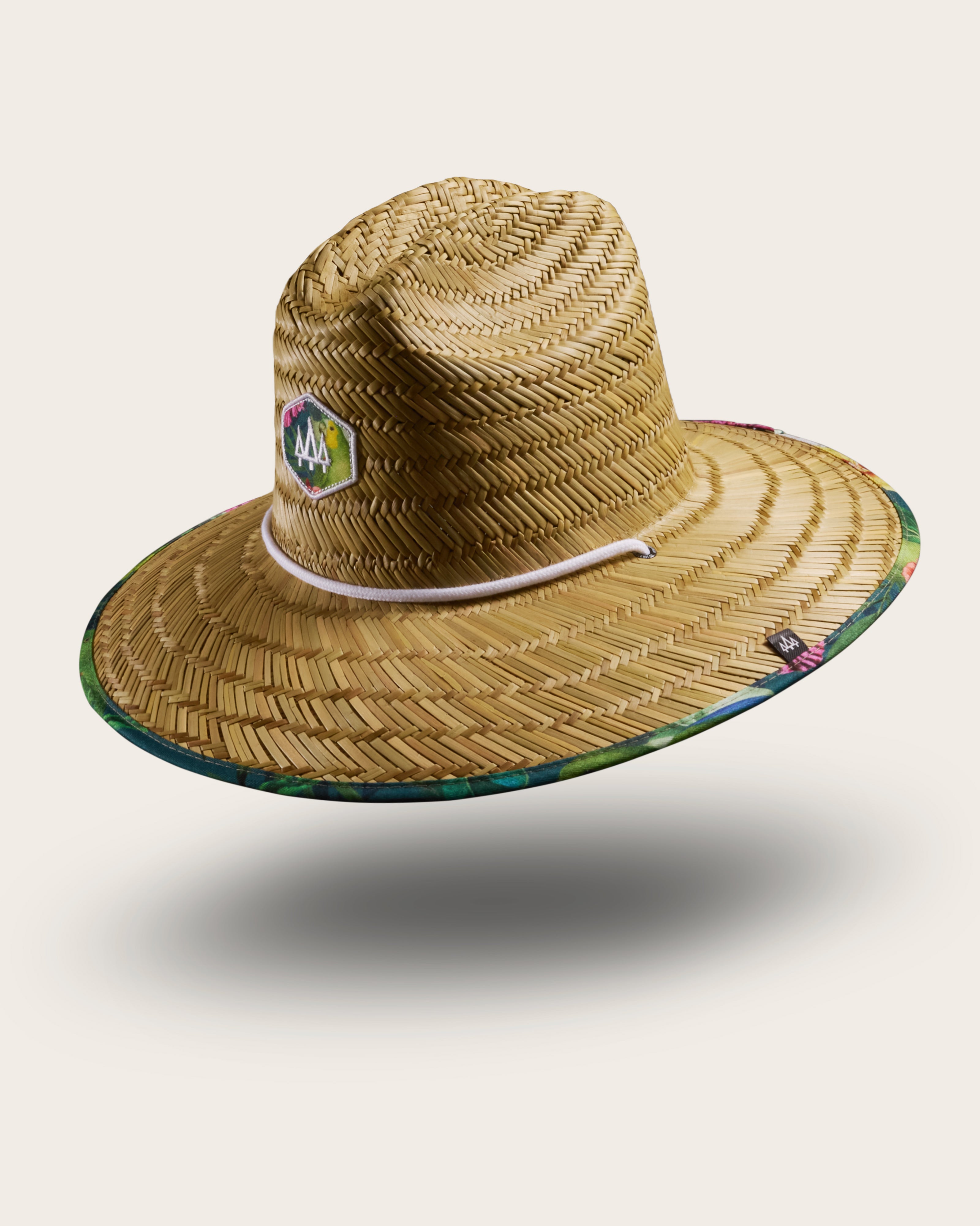 Hemlock Caicos straw lifeguard hat with Green Parrot pattern with patch