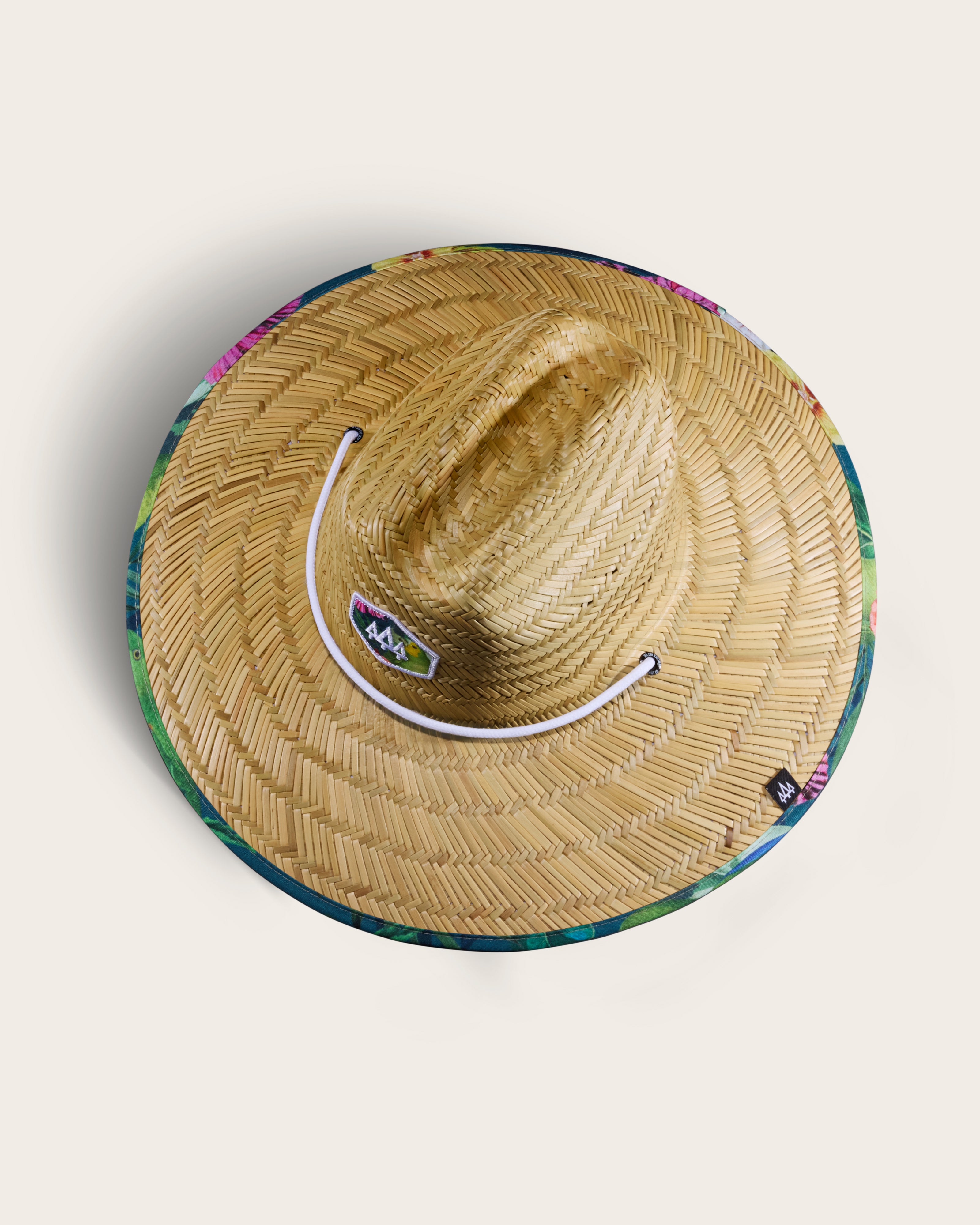 Hemlock Caicos straw lifeguard hat with Green Parrot pattern top of hat