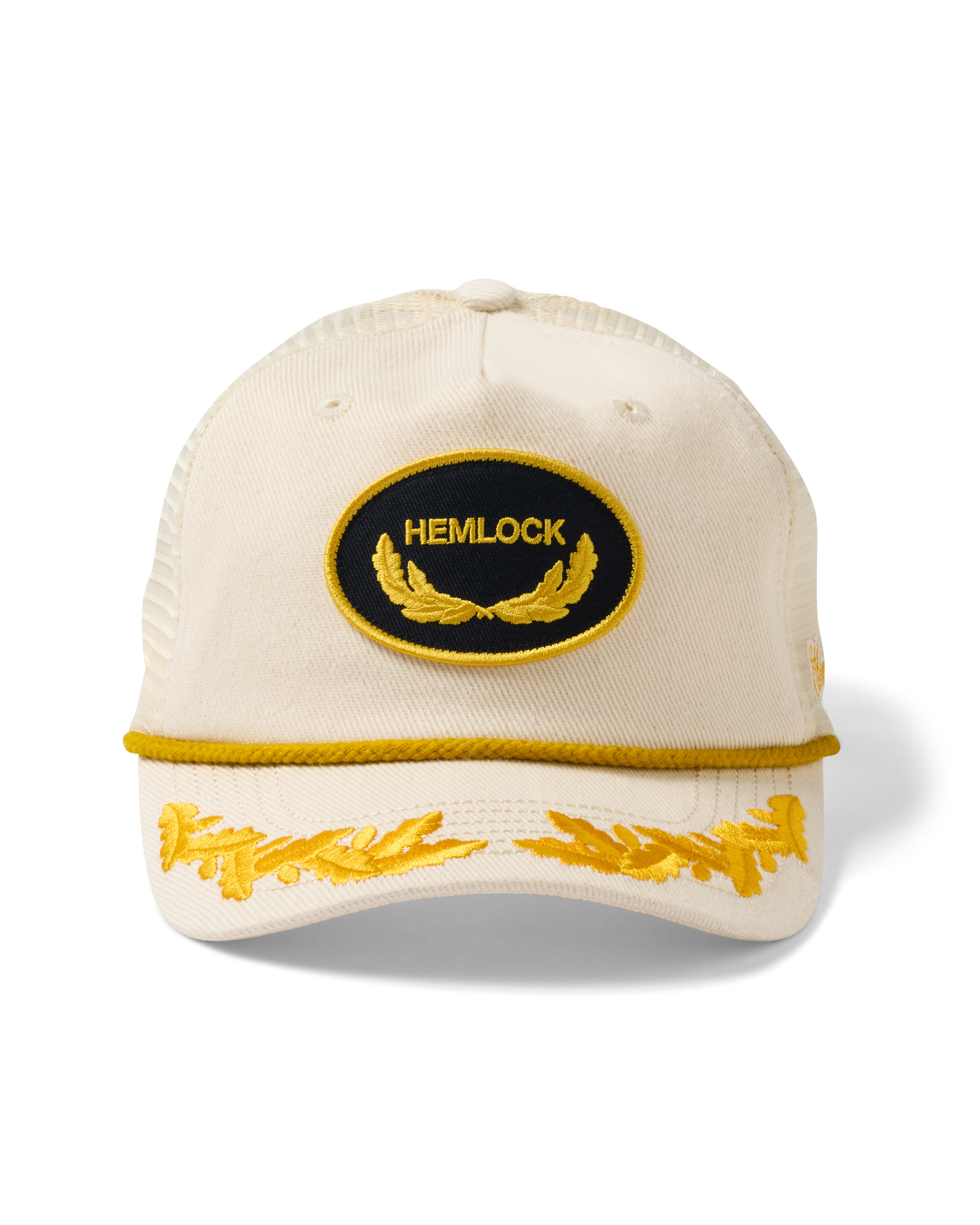 Hemlock Captain Trucker Hat in bone up close