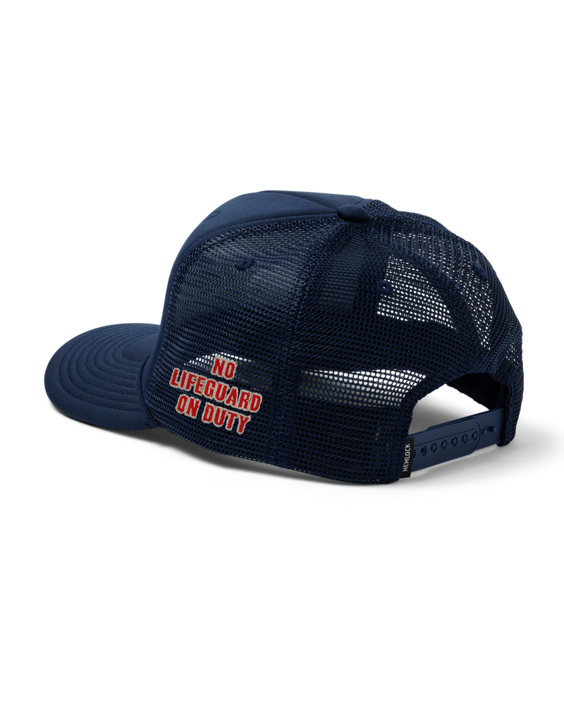 Hemlock Navy blue Trucker Hat with 'No Lifeguard On Duty' text on the side