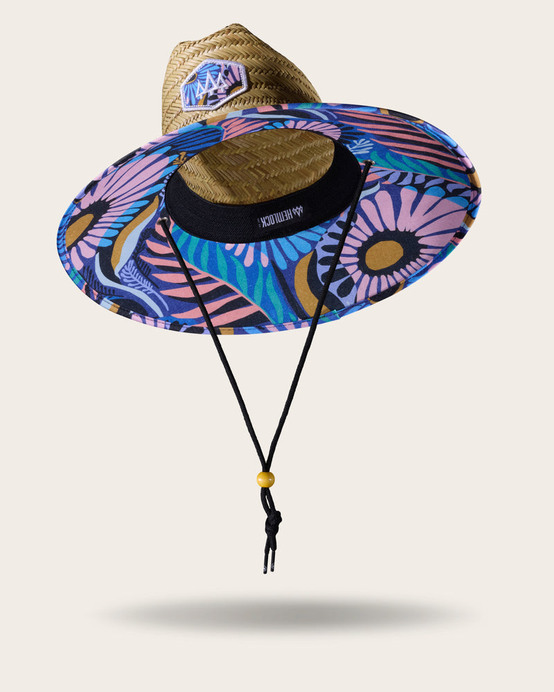 Hemlock Eden straw lifeguard hat with purple floral pattern