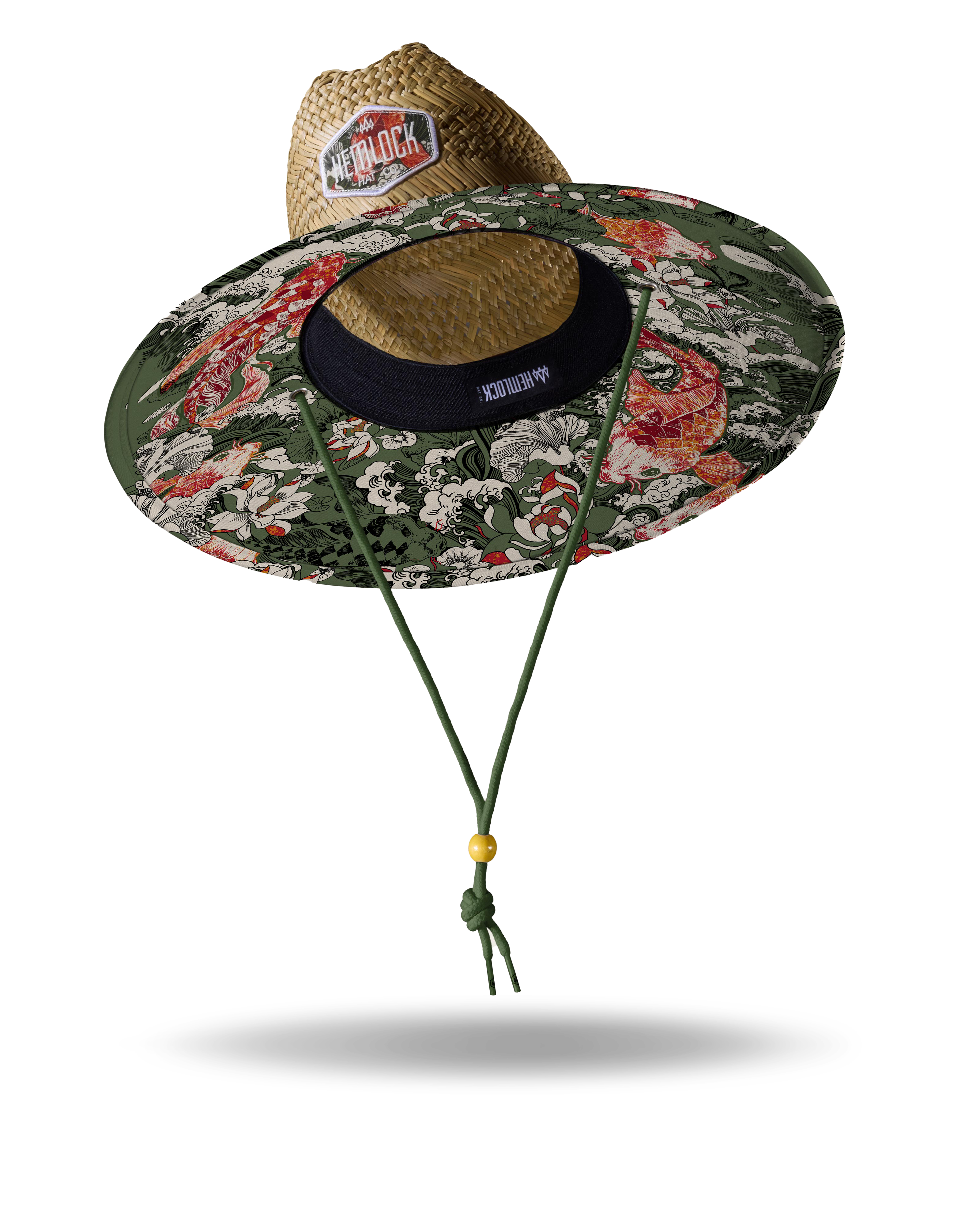 Hemlock Fortune straw lifeguard hat with Koi Fish pattern under brim view 