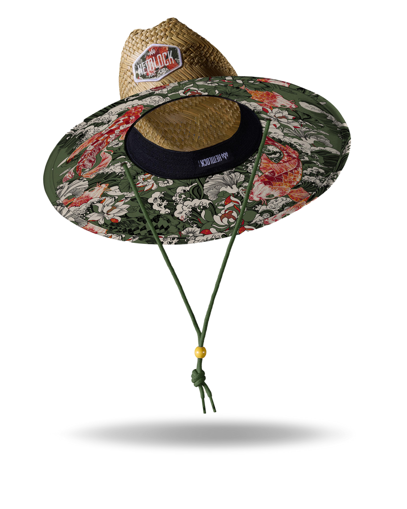 Hemlock Fortune straw lifeguard hat with Koi Fish pattern under brim view 