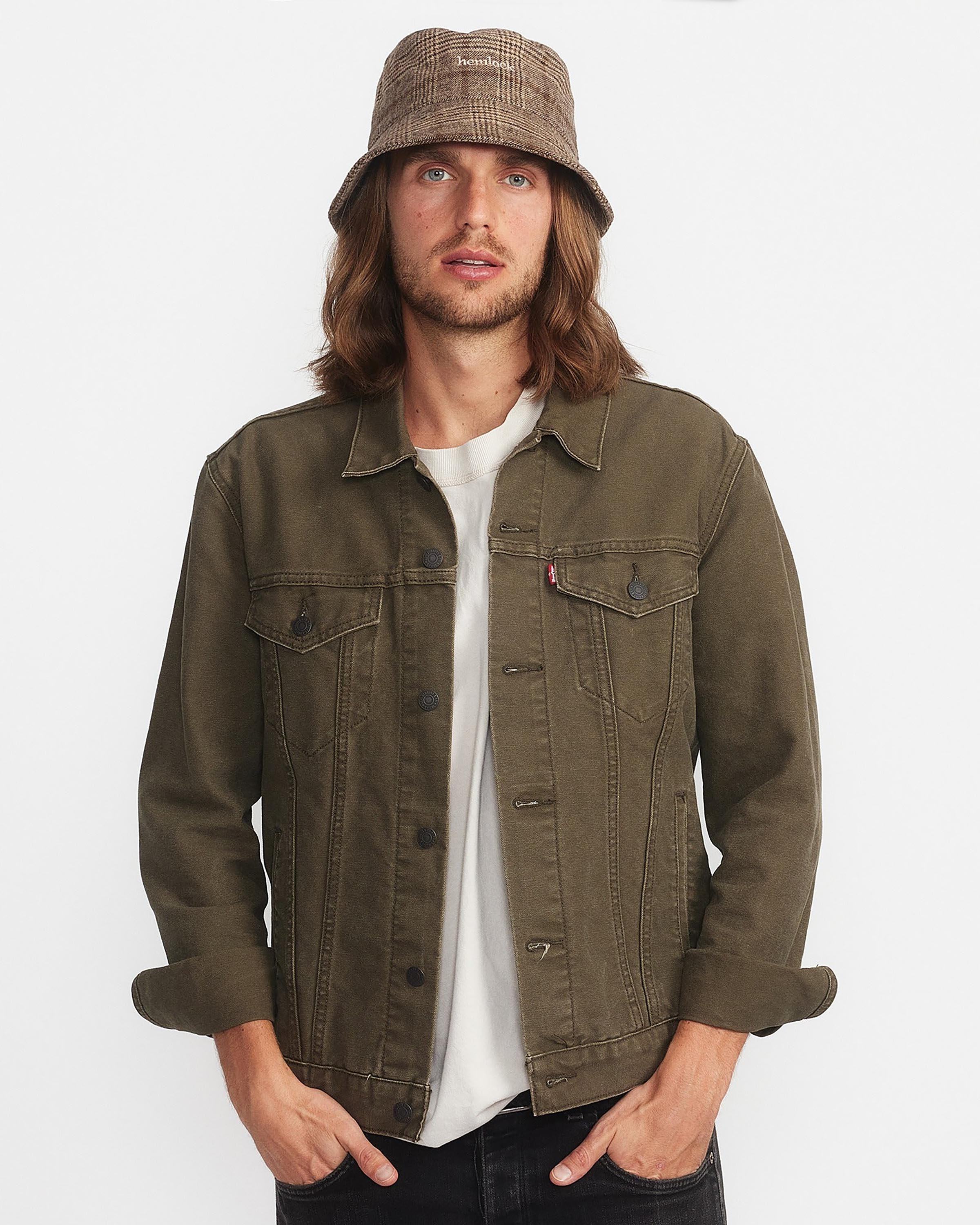  Hemlock male model looking straight wearing Gable Wool Bucket Hat in Brown and Tan