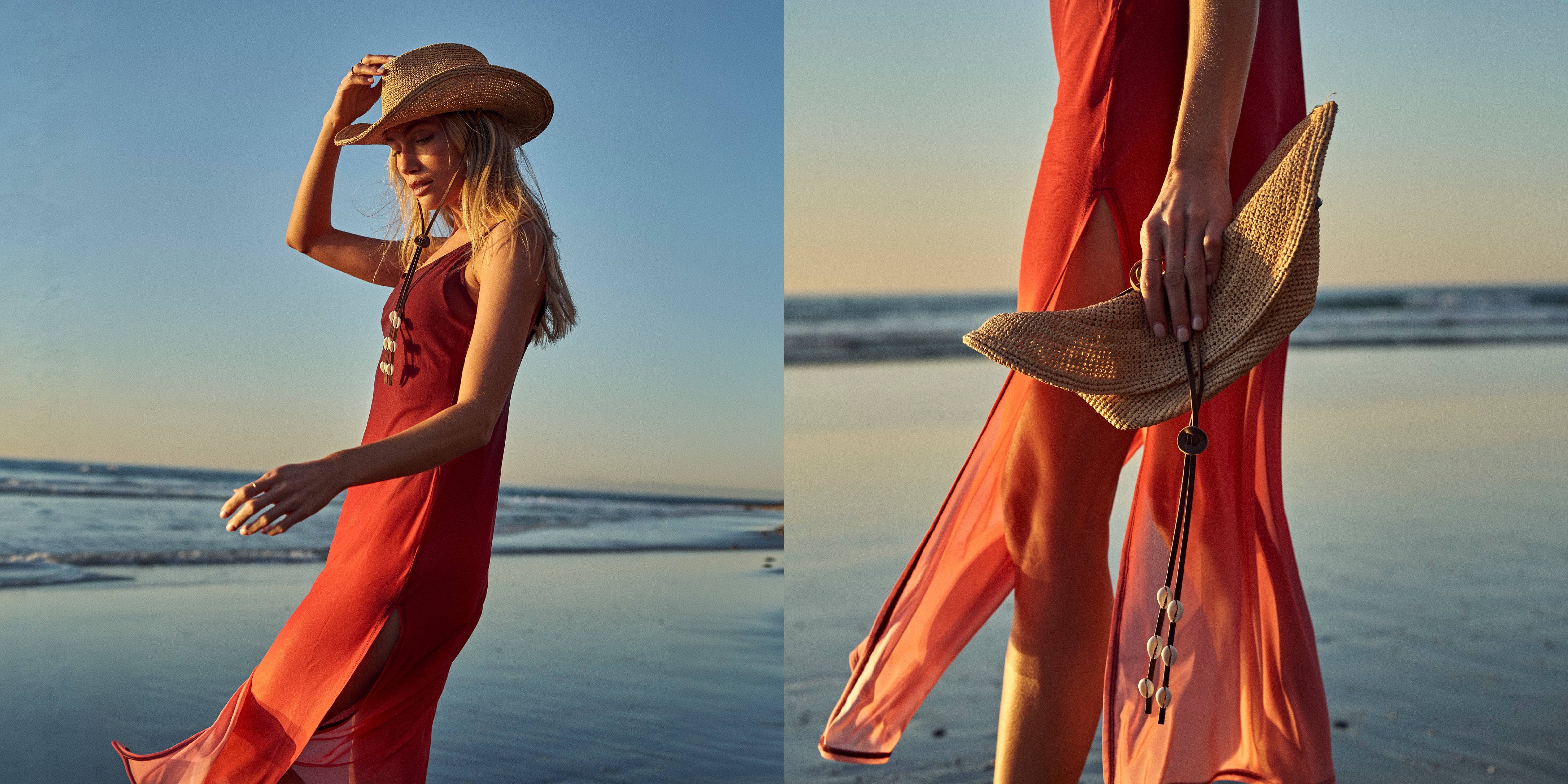 hemlock female model wearing the wynona cowboy packable straw hat on the left and holding it while folded on the right