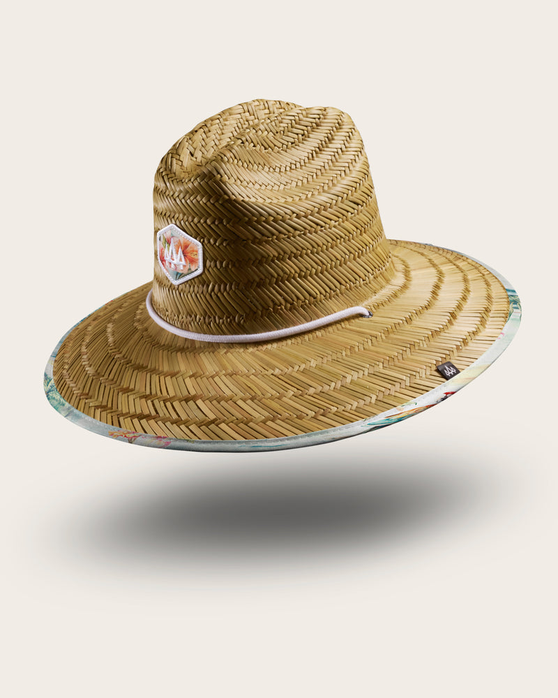 Hemlock Hanalei straw lifeguard hat with hula pattern with patch