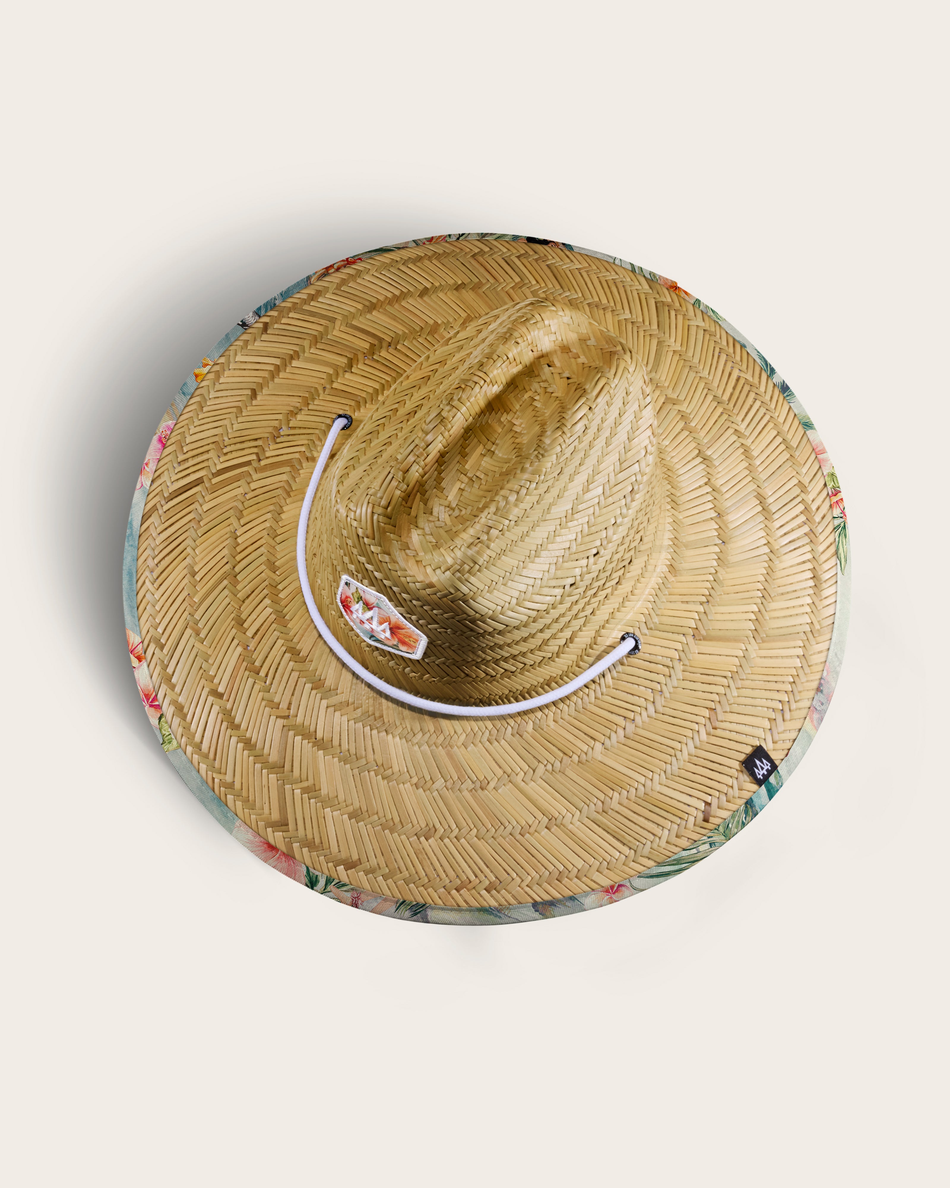 Hemlock Hanalei straw lifeguard hat with hula pattern top of hat