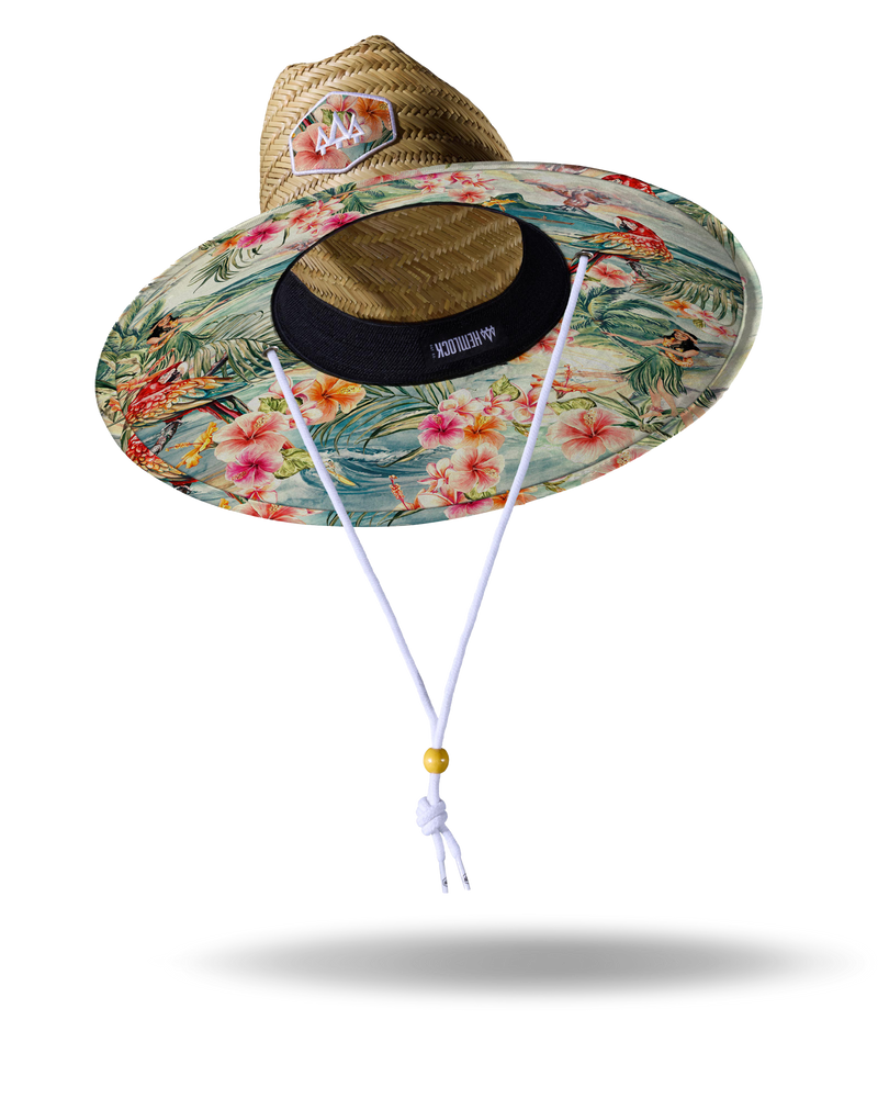 Hemlock Hanalei straw lifeguard hat with hula pattern