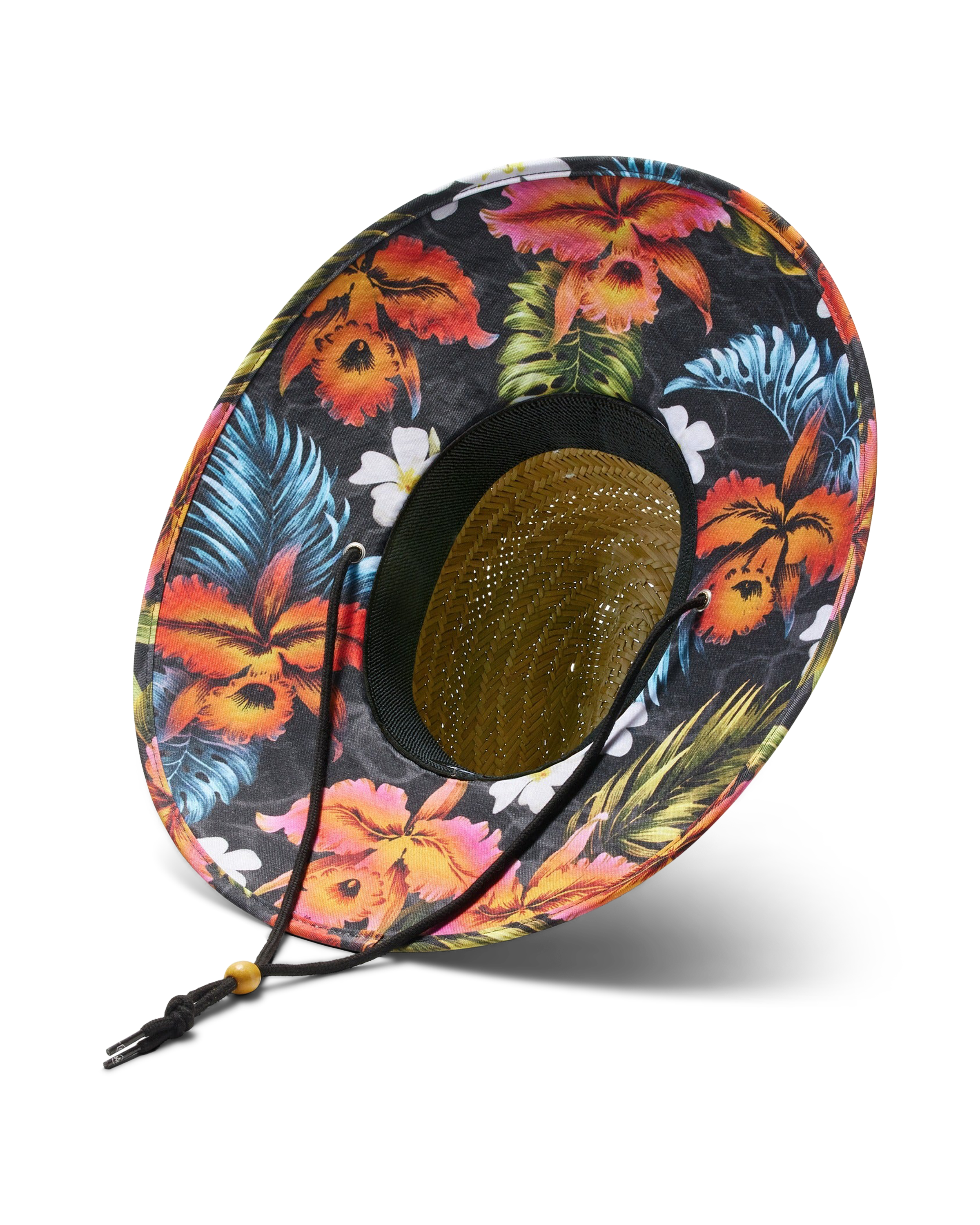 Hemlock Kailua straw lifeguard hat with hawaiian floral pattern detailed view