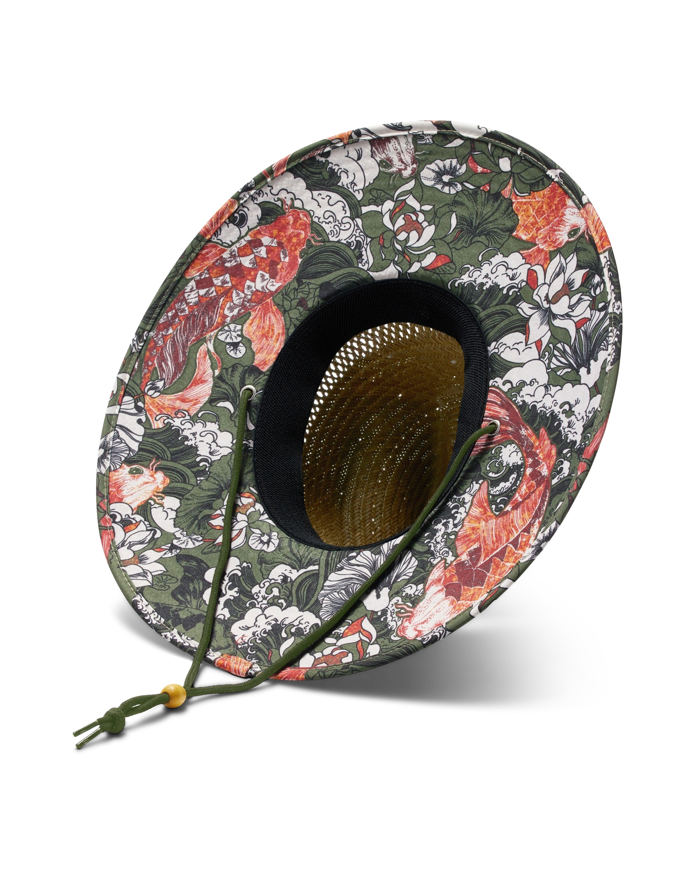 Hemlock Fortune straw lifeguard hat with Koi fish pattern detailed view. 