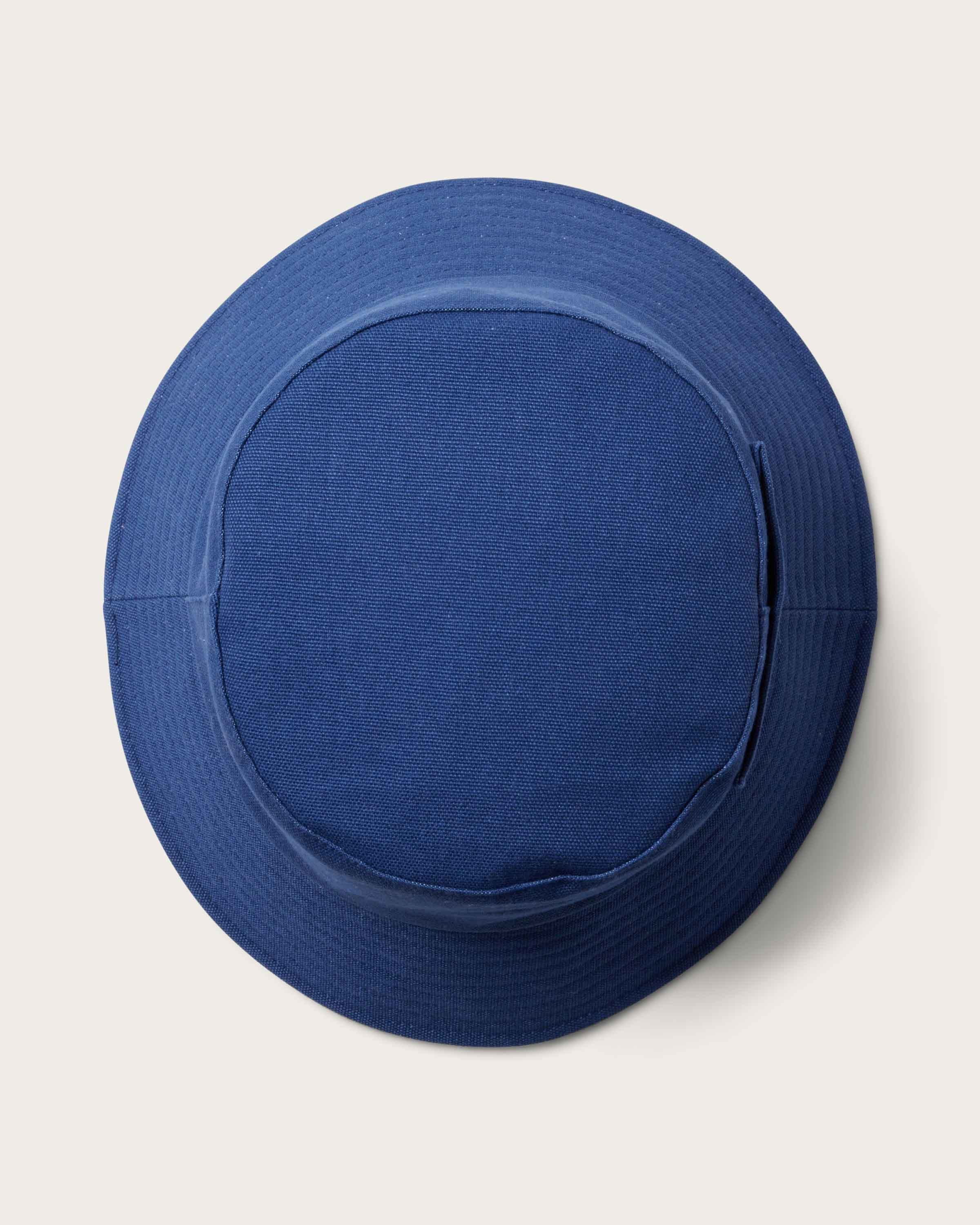 Hemlock Isle Cotton Bucket Hat in Indigo top of hat